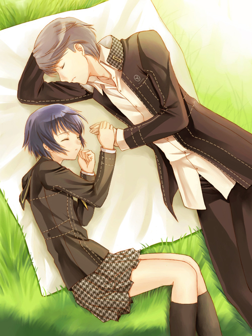 seiru (prairie), narukami yu, shirogane naoto, atlus, persona, persona 4, silver hair, 1boy, 1girl, blue hair, closed eyes, hetero, holding hands, houndstooth, lying, school uniform, serafuku, sleeping, socks