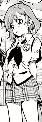 non-web source, ahoge, arms behind back, breasts, chousuinou kei, collared shirt, cowboy shot, hair ornament, hairpin, kinoshita maori, looking to the side, medium breasts, miniskirt, necktie, plaid clothes, plaid skirt, pleated skirt, school uniform, shirt, short hair, short sleeves, skirt, standing, vest