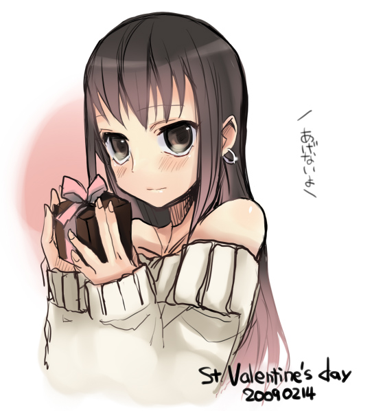 saikawa yusa, koga norio, narutaru, translated, 1boy, black hair, crossdressing, crossdressing (mtf), earrings, jewelry, long hair, male focus, solo, sweater, trap, valentine