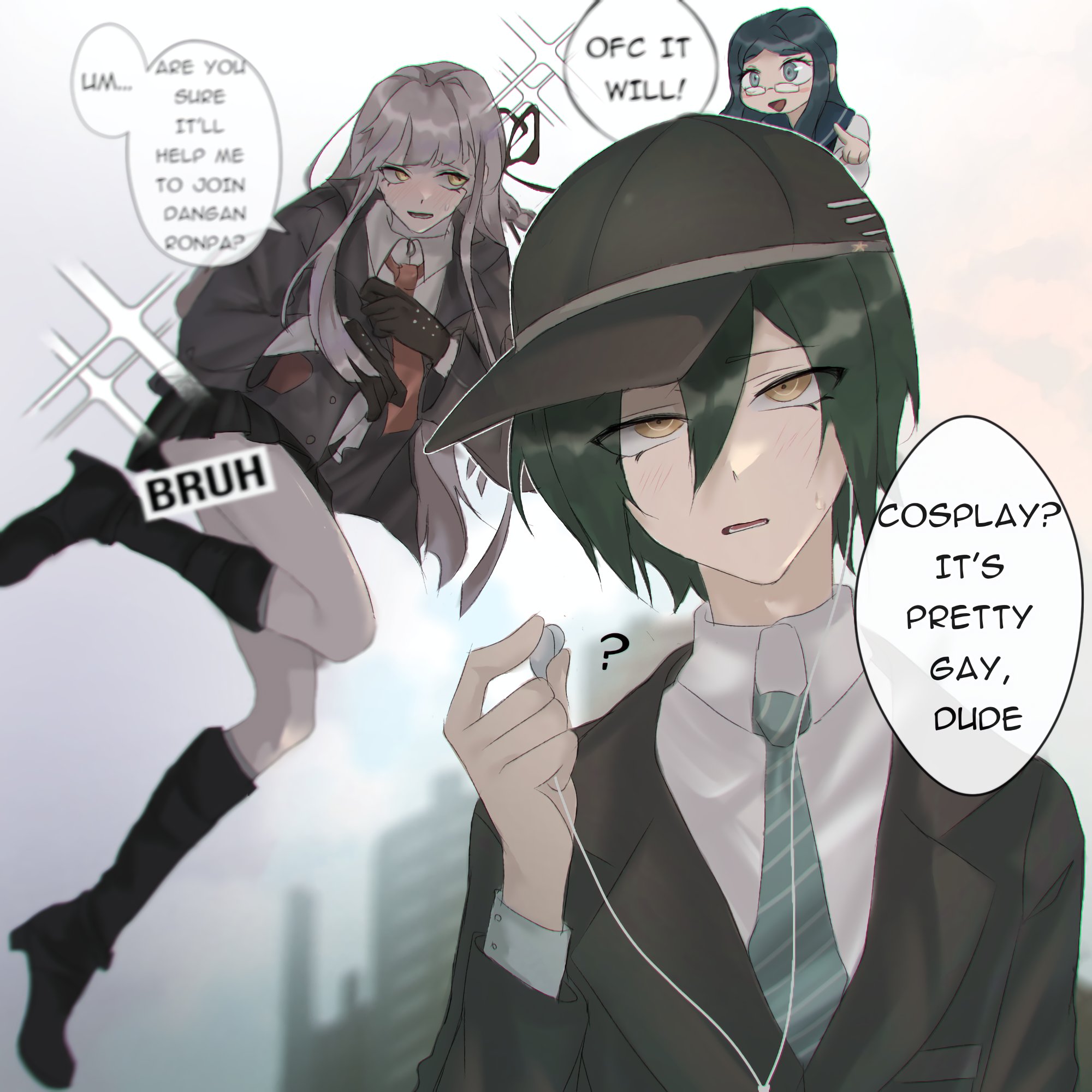 samedosama666, kirigiri kyoko, saihara shuichi, shirogane tsumugi, danganronpa: trigger happy havoc, danganronpa (series), danganronpa v3: killing harmony, commentary, english commentary, highres, 1boy, 1girl, ?, black gloves, black hat, black jacket, blue hair, blush, boots, chibi, collared jacket, collared shirt, cosplay, crossdressing, crossdressing (mtf), diagonal-striped clothes, diagonal-striped necktie, earbuds, earphones, embarrassed, english text, glasses, gloves, hair between eyes, half-closed eyes, hat, high heel boots, high heels, homophobia, jacket, kirigiri kyoko (cosplay), knee boots, long hair, long sleeves, looking at viewer, muted color, necktie, nervous smile, open mouth, pleated skirt, purple hair, red necktie, removing earbuds, ribbon, ringed eyes, school uniform, shirt, short hair, skirt, smile, sparkle, speech bubble, striped clothes, sweatdrop, trap, white shirt, wig, yellow eyes