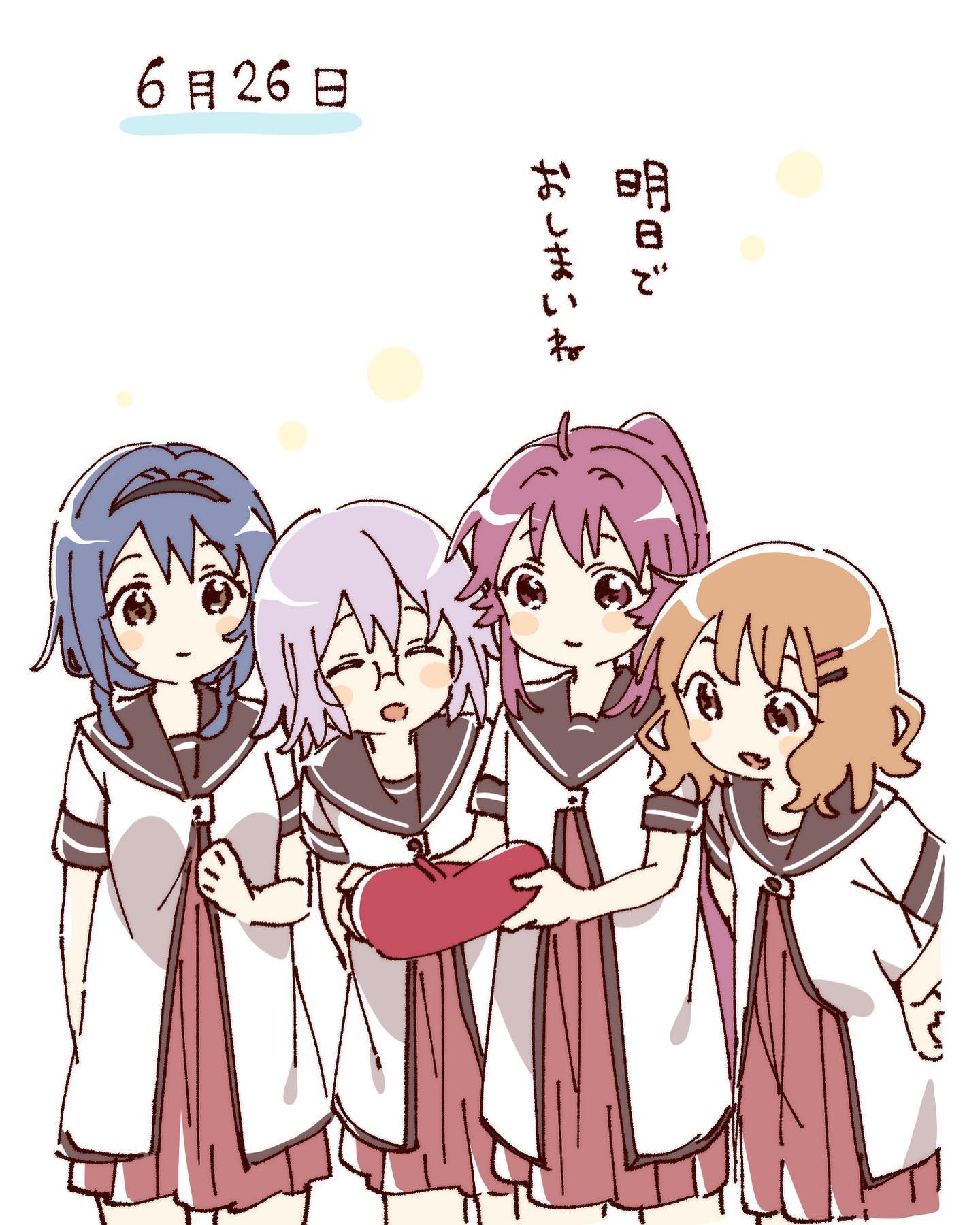 namori, furutani himawari, ikeda chitose, oomuro sakurako, sugiura ayano, yuruyuri, hashtag-only commentary, highres, translation request, 4girls, :d, ^ ^, ahoge, beret, blue hair, blush stickers, brown eyes, brown hair, brown sailor collar, closed eyes, closed mouth, cowboy shot, dress, fang, grey hair, hair ornament, hairclip, hat, holding, holding unworn clothes, holding unworn hat, long hair, multiple girls, nanamori school uniform, open mouth, parallel hairclips, pleated dress, ponytail, purple eyes, purple hair, red dress, red hat, sailor collar, school uniform, shirt, short hair, short sleeves, simple background, smile, summer uniform, unworn hat, unworn headwear, white background, white shirt