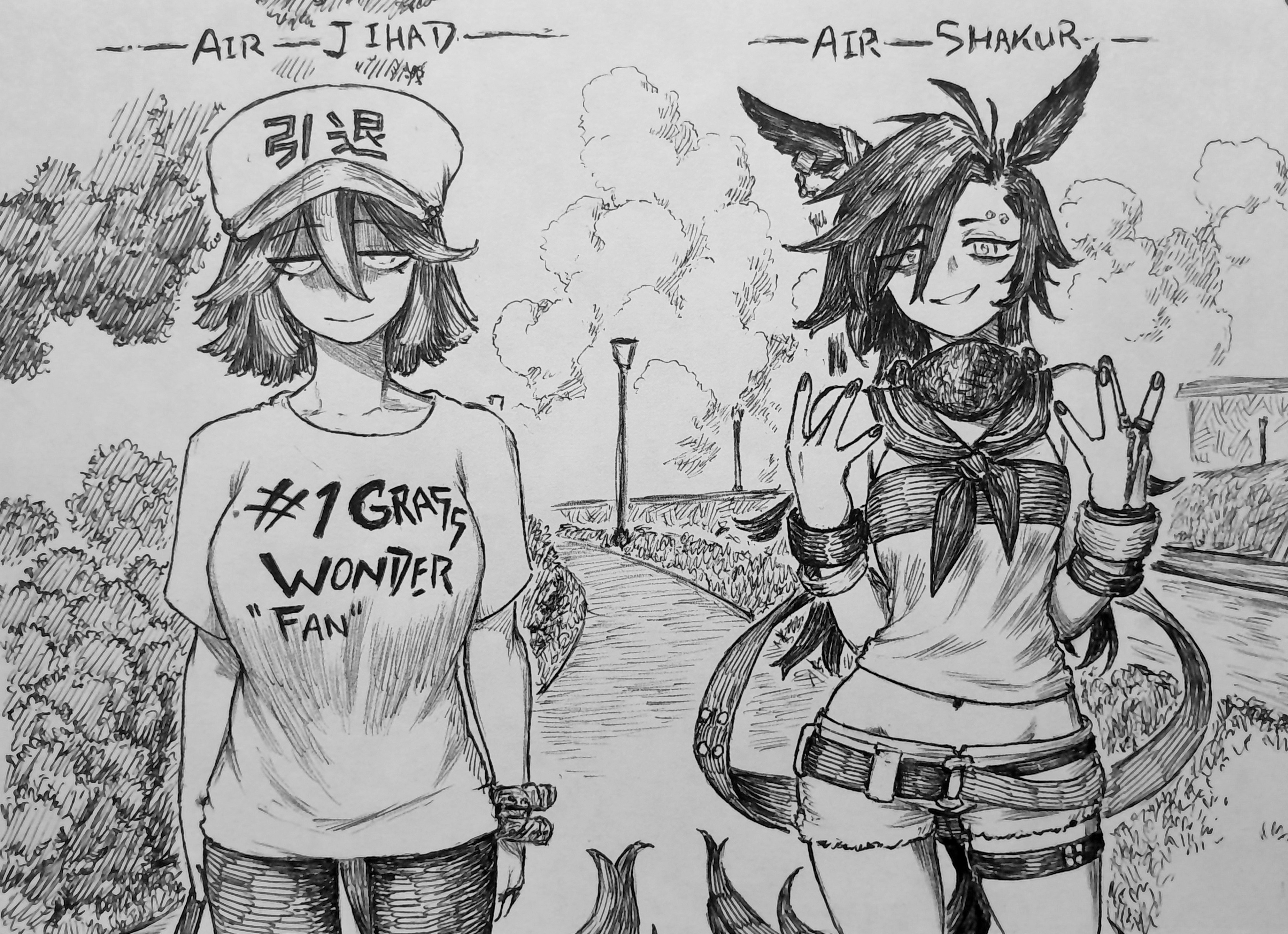 chronozbergh, air shakur (umamusume), umamusume, absurdres, highres, traditional media, 2girls, air jihad (racehorse), character name, grin, hatching (texture), horse girl, humanization, looking at viewer, monochrome, multiple girls, name connection, print shirt, shirt, short shorts, shorts, smile, straight-on