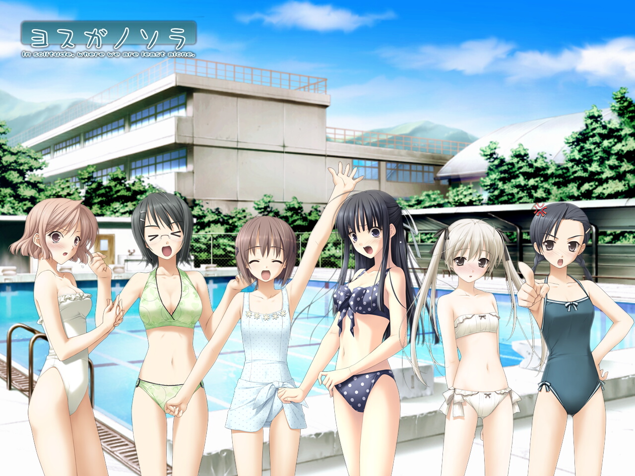 hashimoto takashi, suzuhira hiro, amatsume akira, kasugano sora, kuranaga kozue, migiwa kazuha, nogisaka motoka, yorihime nao, yosuga no sora, > <, 6+girls, anger vein, bikini, blush, breasts, casual one-piece swimsuit, cleavage, closed eyes, day, everyone, flat chest, glasses, lineup, long hair, medium breasts, midriff, multiple girls, one-piece swimsuit, pointing, polka dot, polka dot bikini, polka dot swimsuit, pool, ribbon, short hair, short twintails, small breasts, surprised, swimsuit, take your pick, twintails, waving
