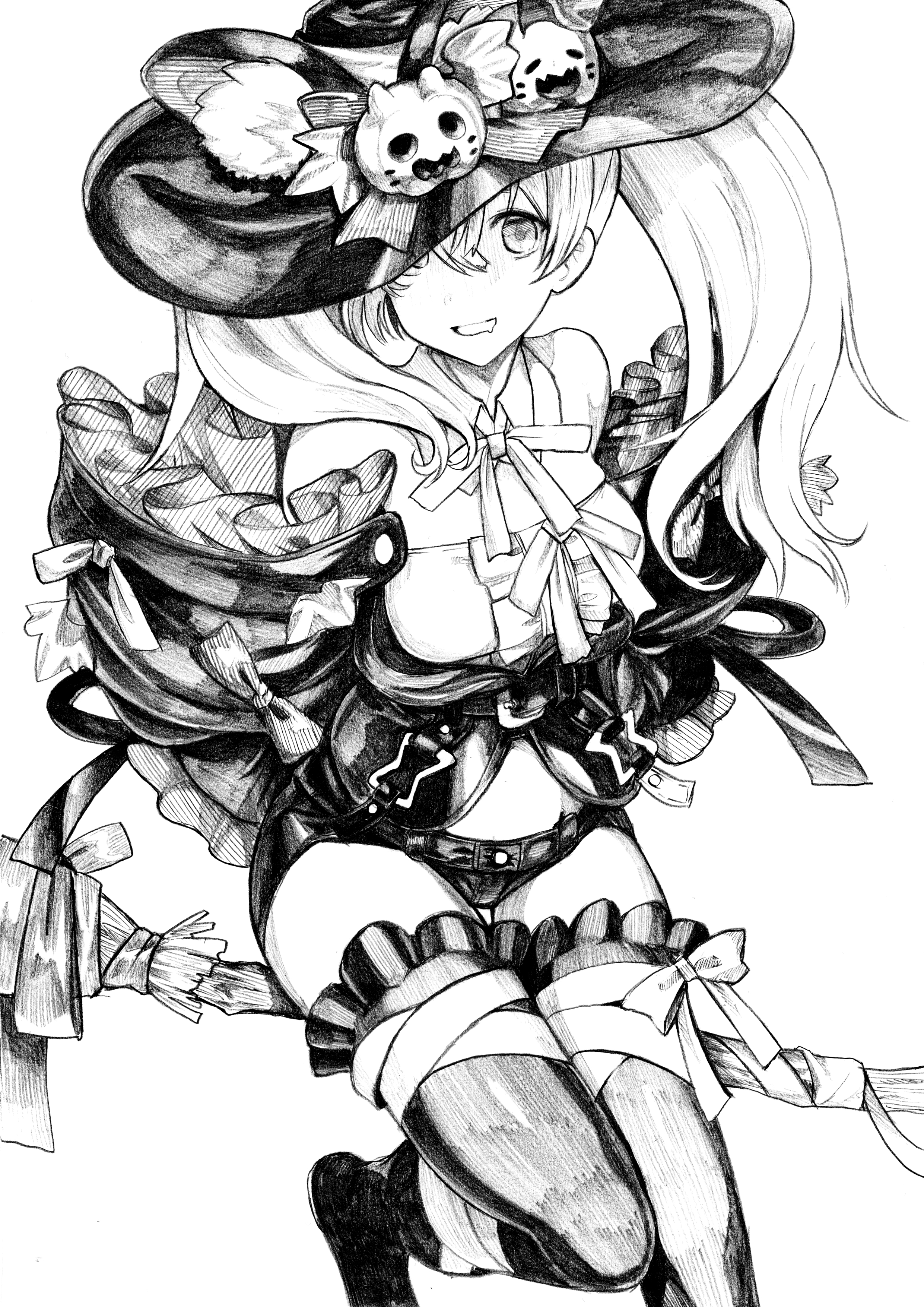 tsuji kazuho, gambier bay (halloween) (kancolle), gambier bay (kancolle), gambier bay mk ii (kancolle), kantai collection, absurdres, highres, 1girl, broom, broom riding, dress shirt, frilled jacket, frilled thighhighs, frills, greyscale, hat, jack-o'-lantern, jack-o'-lantern hat ornament, jacket, looking at viewer, monochrome, shirt, short shorts, shorts, solo, thighhighs, twintails, witch hat