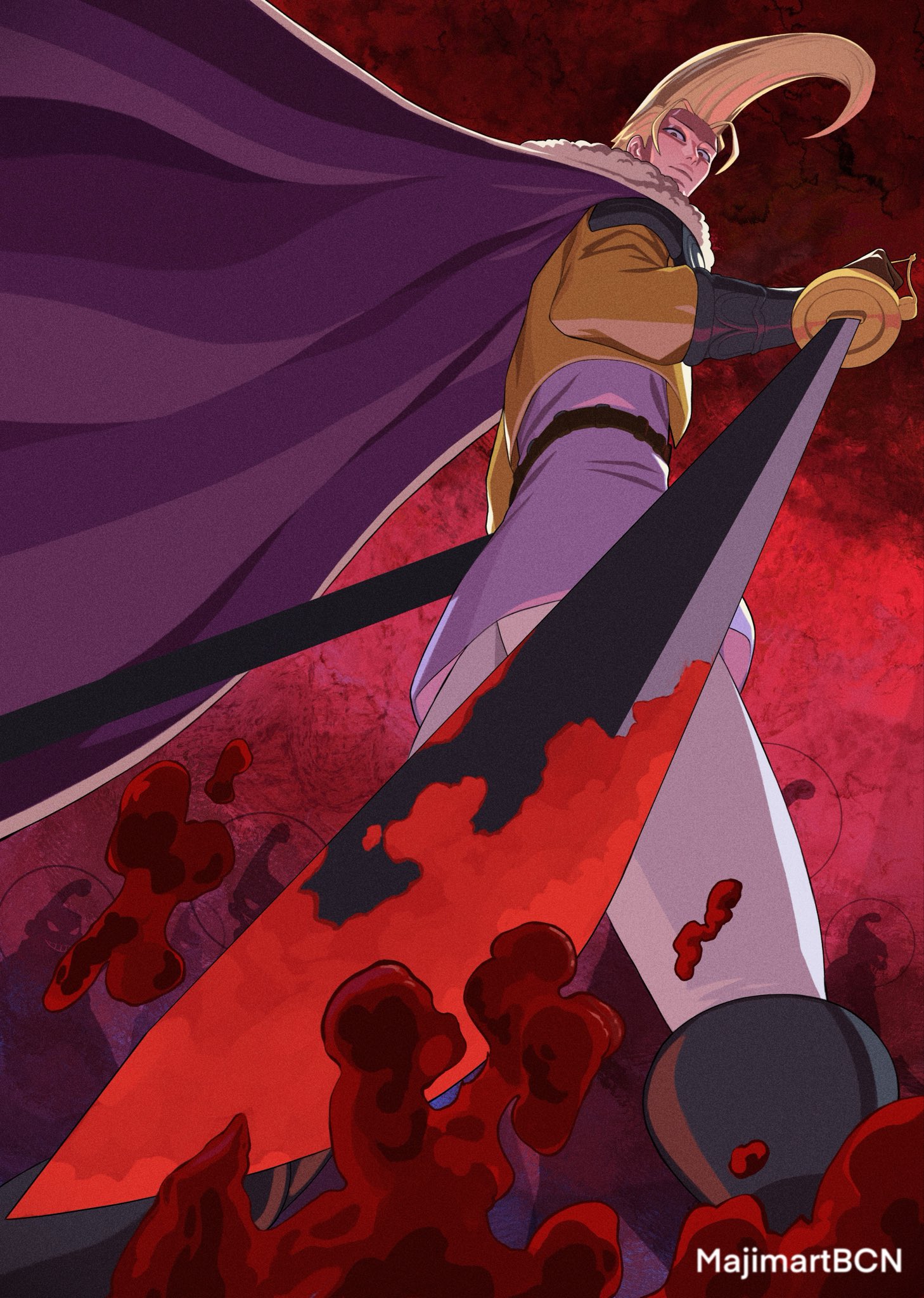 majimartbcn, figarland garling, one piece, highres, 1boy, 5others, black gloves, blonde hair, blood, bloody weapon, boots, cape, celestial dragons (one piece), elbow gloves, evil smile, feet out of frame, floating cape, fur trim, gloves, holding, holding sword, holding weapon, knee boots, looking at viewer, looking down, male focus, multiple others, pants, pompadour, purple cape, red background, shirt, short hair, silhouette, smile, sword, weapon, white pants, yellow shirt