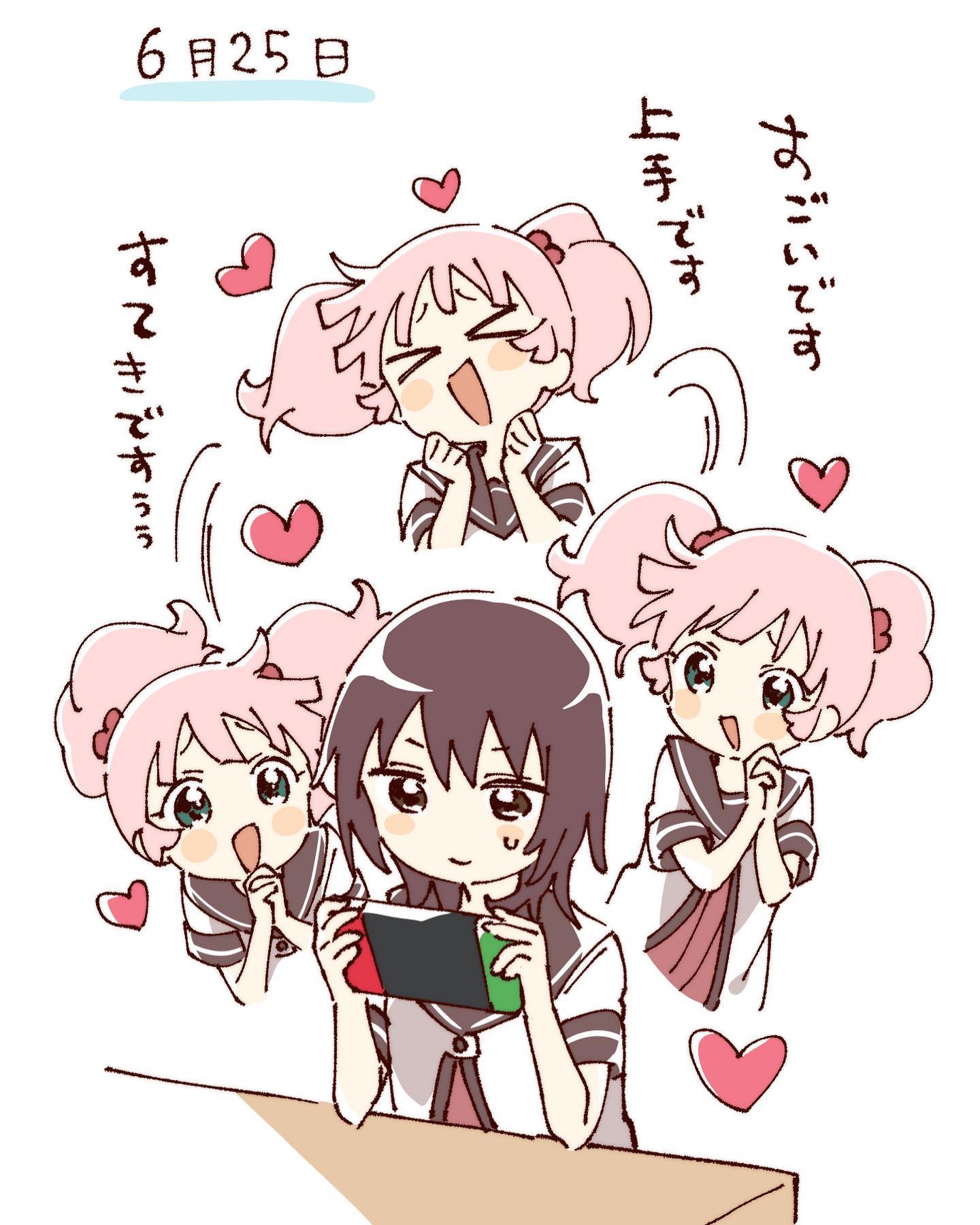 namori, funami yui, yoshikawa chinatsu, yuruyuri, hashtag-only commentary, highres, translation request, > <, 2girls, :d, blush stickers, brown eyes, brown hair, brown sailor collar, closed eyes, closed mouth, dress, green eyes, hair bobbles, hair ornament, handheld game console, heart, holding, holding handheld game console, multiple girls, nanamori school uniform, nintendo switch, open mouth, own hands clasped, own hands together, pink hair, pleated dress, red dress, sailor collar, school uniform, shirt, short hair, short sleeves, short twintails, simple background, smile, summer uniform, twintails, upper body, white background, white shirt, xd