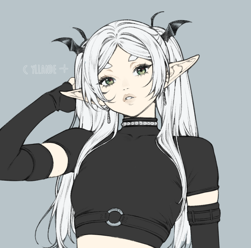 yiiande, frieren, sousou no frieren, commentary, english commentary, 1girl, artist name, black gloves, cropped shirt, demon wings, earrings, elbow gloves, elf, fingerless gloves, flat color, gloves, grey background, grey eyes, grey lips, hand up, head wings, jewelry, long hair, looking at viewer, parted lips, pointy ears, short eyebrows, simple background, solo, white hair, wings