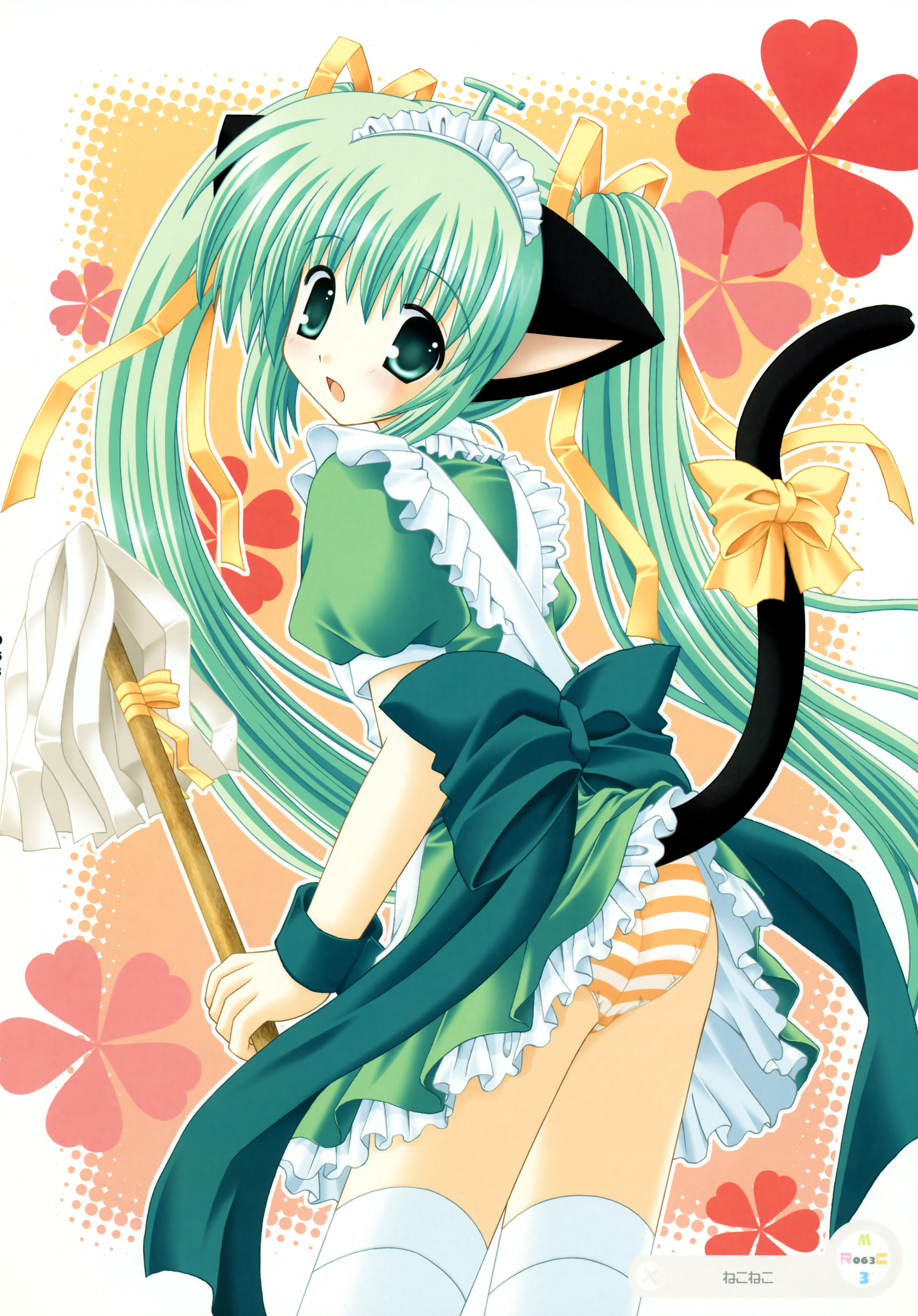 nekoneko, melon-chan, melonbooks, absurdres, highres, 1girl, animal ears, bow, duster, female focus, green eyes, green hair, long hair, maid, matching hair/eyes, panties, solo, striped clothes, striped panties, tail, tail bow, tail ornament, thighhighs, twintails, underwear, white thighhighs, yellow bow