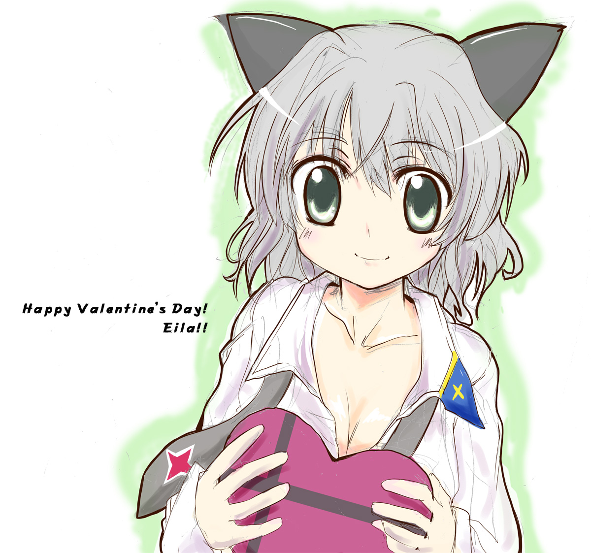 ichimoji, sanya v. litvyak, strike witches, world witches series, 00s, 1girl, animal ears, female focus, green eyes, happy valentine, solo, unbuttoned, valentine