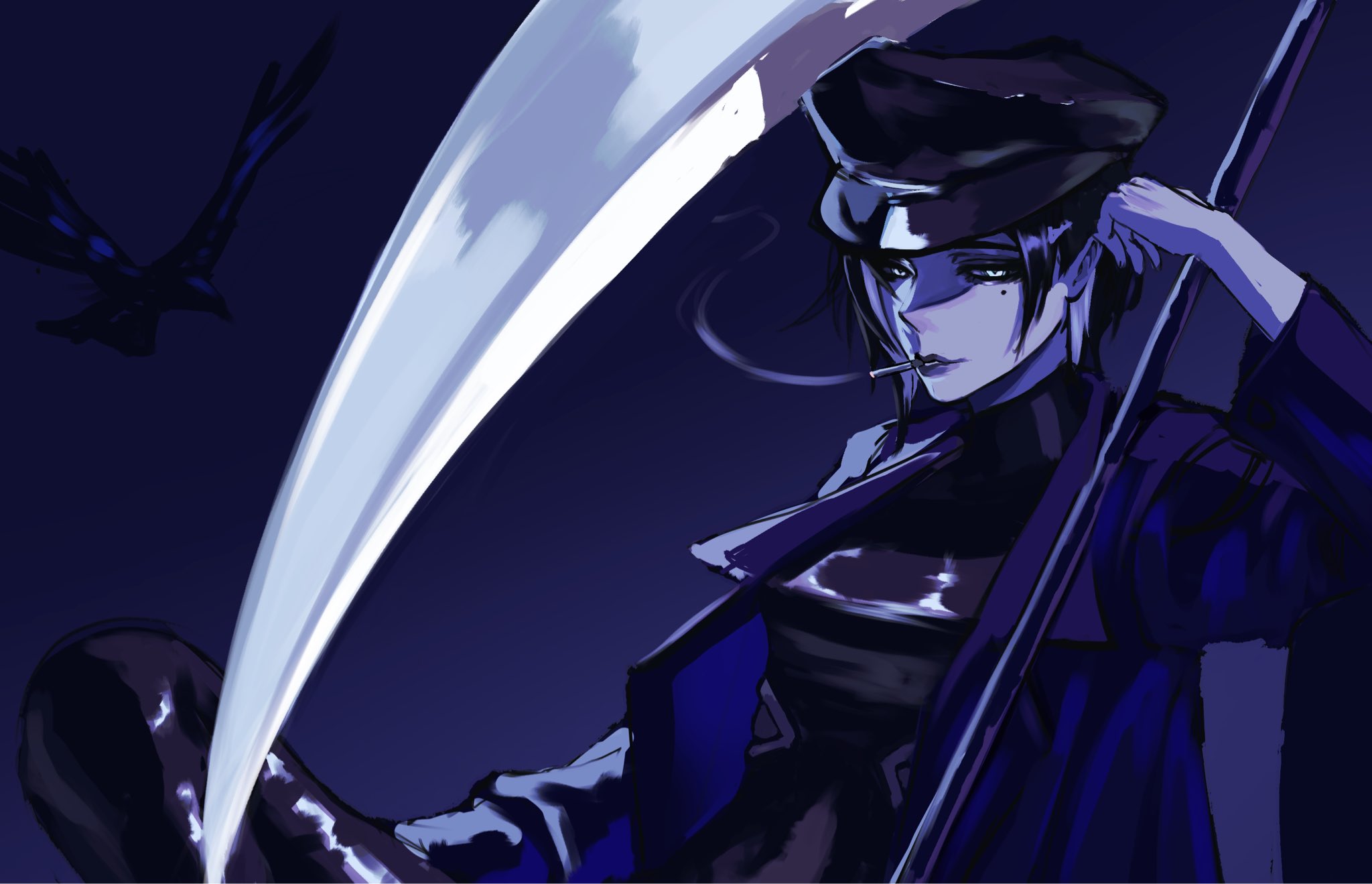 jet (shadow slave), shadow slave, highres, 1girl, black coat, black hair, black shirt, blue theme, breasts, cigarette, coat, crew neck, glowing, glowing eyes, hat, holding, holding polearm, holding weapon, jiejiepen, looking at viewer, mole, mole under eye, open clothes, open coat, polearm, shirt, short hair, smoking, solo, upper body, weapon