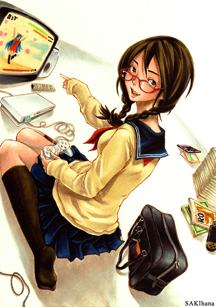 nabeya sakihana, original, bad id, bad pixiv id, traditional media, 1girl, brown eyes, brown hair, controller, female focus, game console, game controller, gamepad, glasses, handheld game console, kneeling, playing games, playstation 2, playstation portable, pointing, school uniform, serafuku, socks, solo, video game