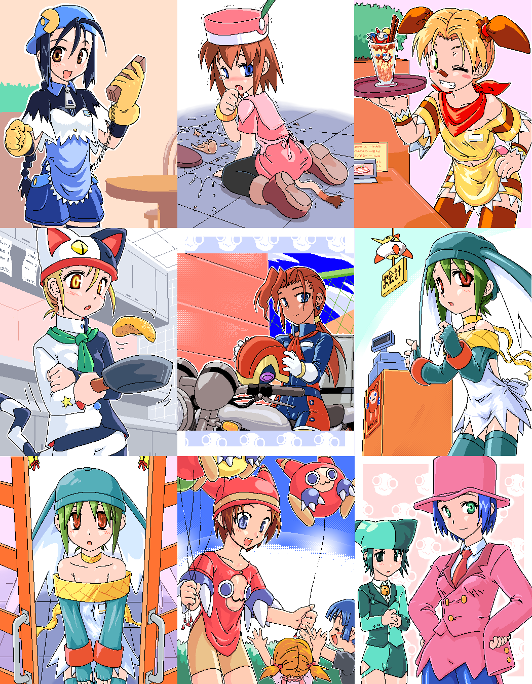 redrantem, tomoshibi hidekazu, king of sorrow, klonoa, leorina, lolo (klonoa), moo (klonoa), popka, tat (klonoa), kaze no klonoa, namco, highres, 6+girls, black hair, blonde hair, blue hair, brown hair, drink, genderswap, genderswap (mtf), green hair, multiple girls, oekaki, one eye closed, personification, restaurant, tears, waitress, wink