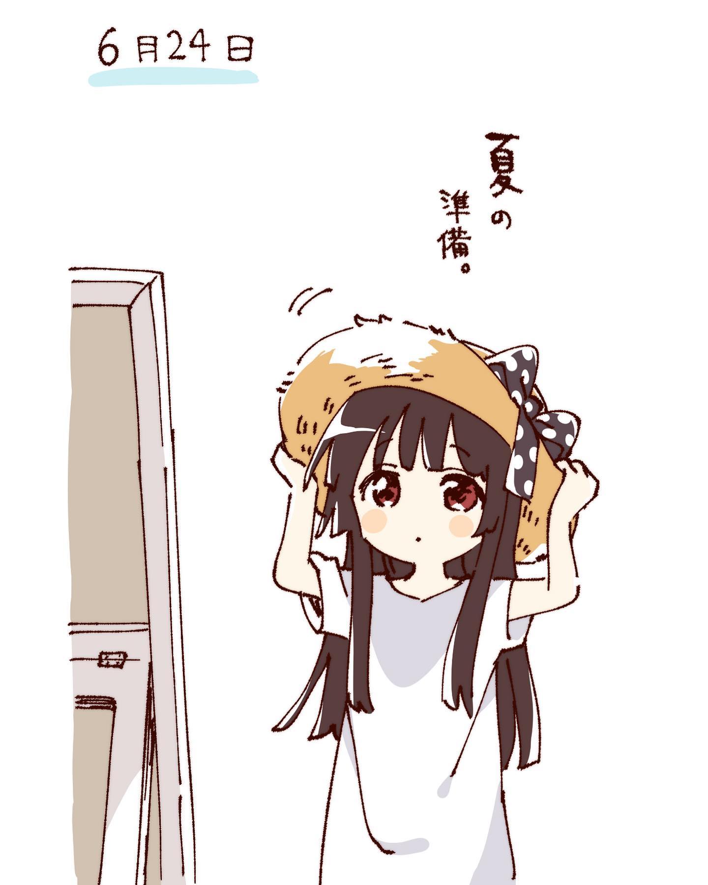 namori, matsumoto rise, yuruyuri, hashtag-only commentary, highres, translation request, 1girl, black ribbon, blush stickers, brown hair, brown hat, closed mouth, hat, hat ribbon, long hair, polka dot, polka dot ribbon, red eyes, ribbon, shirt, short sleeves, simple background, solo, straw hat, sun hat, upper body, white background, white shirt