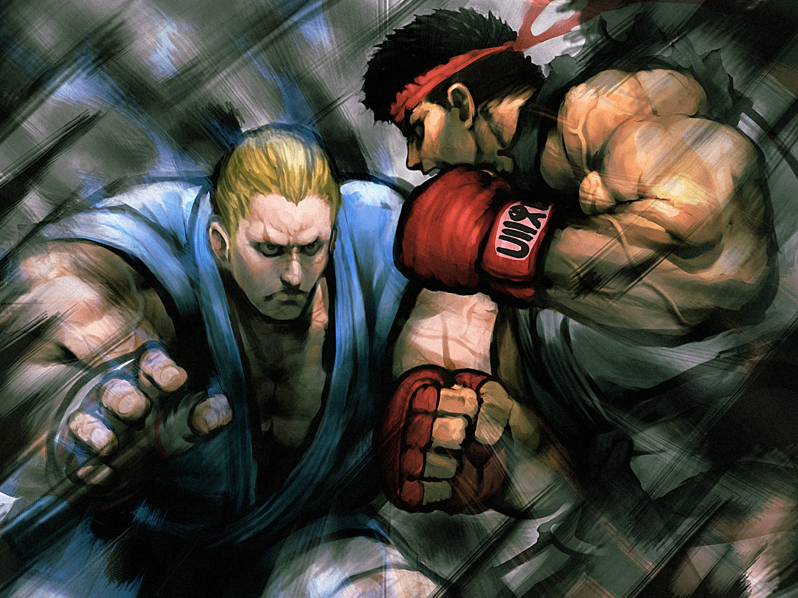 chyko, abel (street fighter), ryu (street fighter), capcom, street fighter, street fighter iv (series), highres, 2boys, fight, france, french text, gloves, male focus, multiple boys
