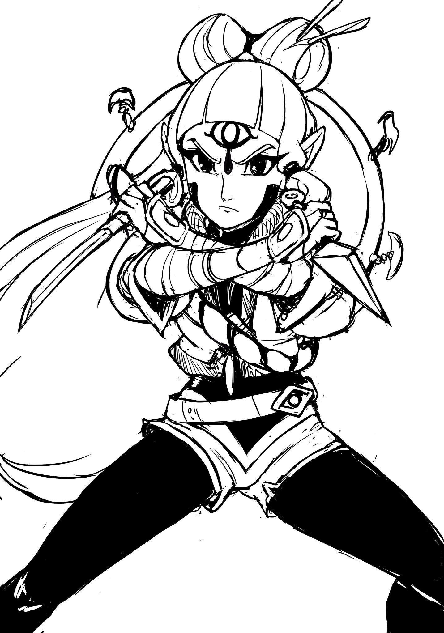 teevo, impa, hyrule warriors: age of calamity, nintendo, the legend of zelda, the legend of zelda: breath of the wild, armwrap, facial tattoo, hair bun, hair ornament, hair rings, kunai, leggings, leggings under shorts, ninja, ninjatou, pointy ears, sheikah, short shorts, short sword, shorts, sketch, tattoo, weapon