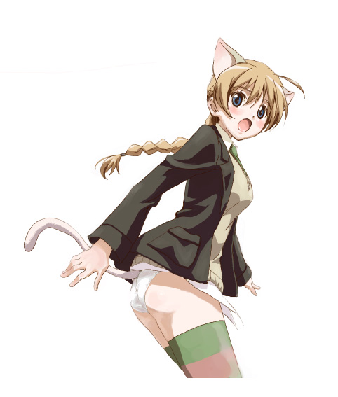 fujimoto satoru, lynette bishop, strike witches, world witches series, 00s, 1girl, animal ears, blue eyes, blush, braid, brown hair, female focus, long hair, looking back, necktie, open mouth, panties, single braid, solo, striped clothes, striped thighhighs, tail, thighhighs, underwear