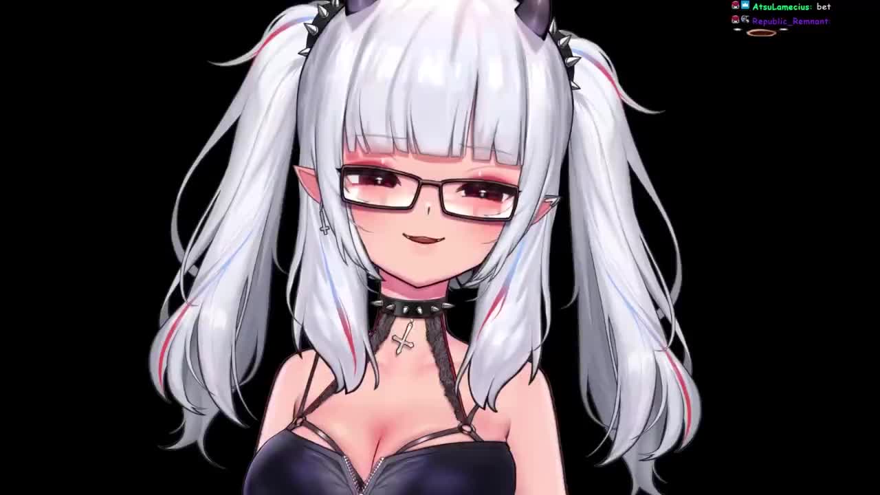 lucy pyre, indie virtual youtuber, animated, audible speech, english audio, sound, tagme, video, bare shoulders, bouncing breasts, breasts, cleavage, collarbone, cross, demon girl, demon horns, dot nose, fang, glasses, horns, humping, implied sex, inverted cross, large breasts, long hair, looking at viewer, pointy ears, red eyes, rosary, sexually suggestive, shameless, sleeveless, twintails, virtual youtuber, white hair