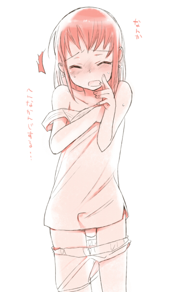 saikawa yusa, koga norio, narutaru, translation request, 1boy, bare shoulders, blush, bulge, closed eyes, clothes pull, crossdressing, crossdressing (mtf), earrings, erection, erection under clothes, jewelry, long hair, male focus, monochrome, open mouth, pants, pants pull, shirt pull, shota, solo, strap slip, testicles, trap