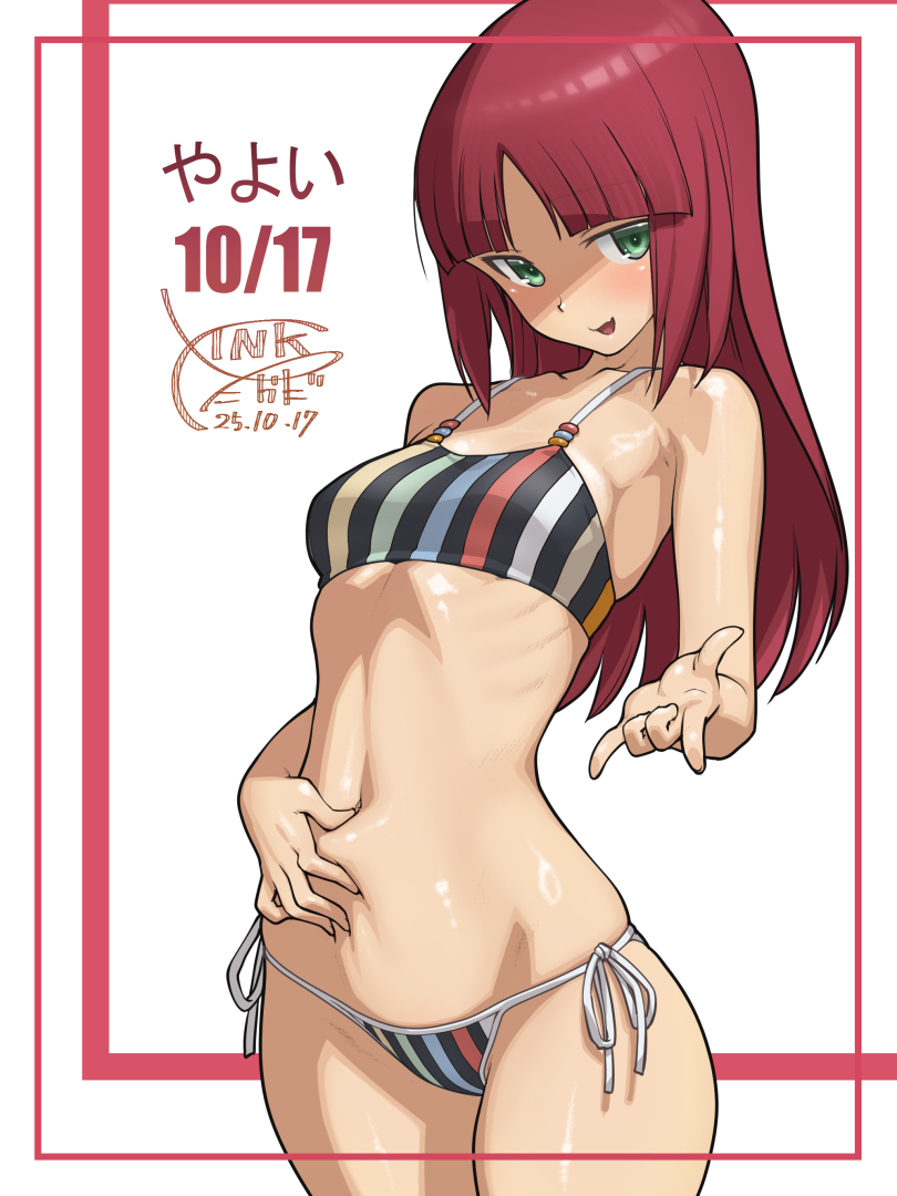 takada kazuhiro, fujino yayoi, alice gear aegis, 1girl, bikini, black bikini, blunt bangs, breasts, character name, cowboy shot, dated, green eyes, long hair, looking at viewer, medium breasts, red hair, side-tie bikini bottom, solo, striped bikini, striped clothes, swimsuit
