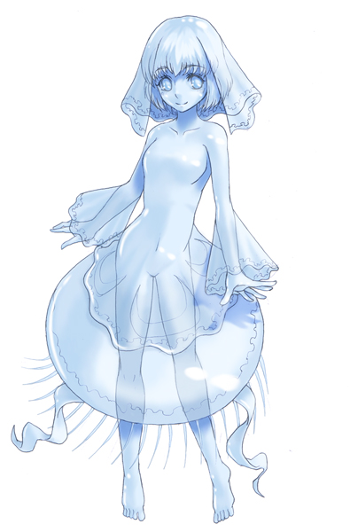 kenkou cross, sea slime, monster girl encyclopedia, 1girl, blue theme, female focus, monster girl, see-through clothes, simple background, slime girl, smile, solo, white background