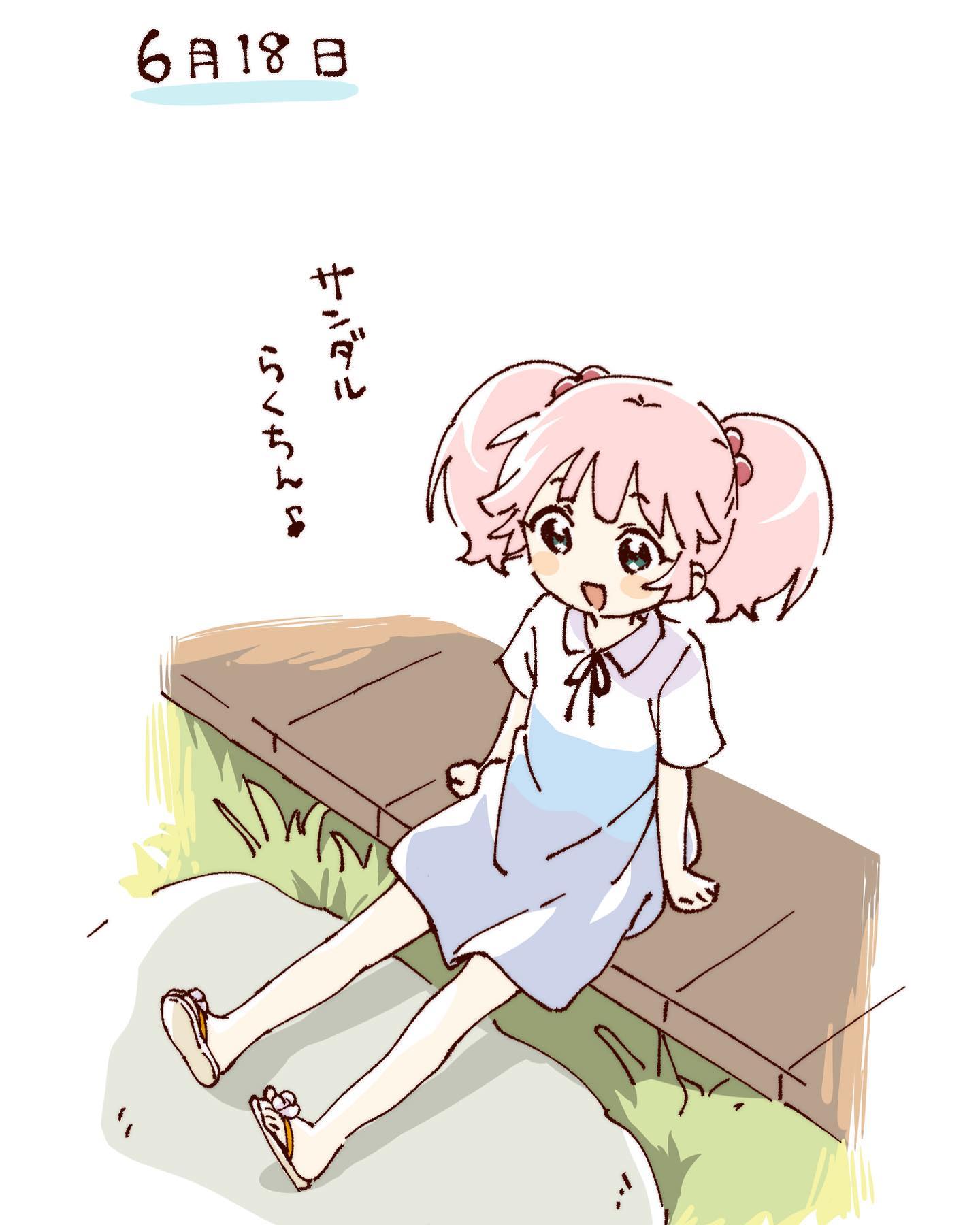 namori, yoshikawa chinatsu, yuruyuri, hashtag-only commentary, highres, translation request, 1girl, :d, black ribbon, blue dress, blush stickers, brown sandals, collared dress, dress, full body, grass, green eyes, hair bobbles, hair ornament, neck ribbon, open mouth, pink hair, ribbon, sandals, short hair, short sleeves, short twintails, simple background, sitting, smile, solo, twintails, white background