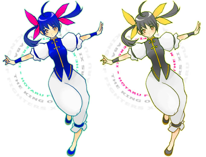 hiyori chisha, futaba hotaru, fatal fury, garou: mark of the wolves, snk, ahoge, black hair, blue hair, brown eyes, ribbon, twintails, yellow eyes