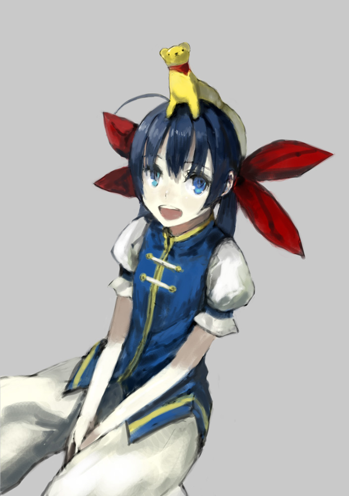 houru, futaba hotaru, itokatsu (garou), fatal fury, garou: mark of the wolves, snk, 1girl, :d, ahoge, animal, animal on head, blue eyes, blue hair, female focus, ferret, grey background, matching hair/eyes, on head, open mouth, ribbon, simple background, smile, solo, twintails, v arms