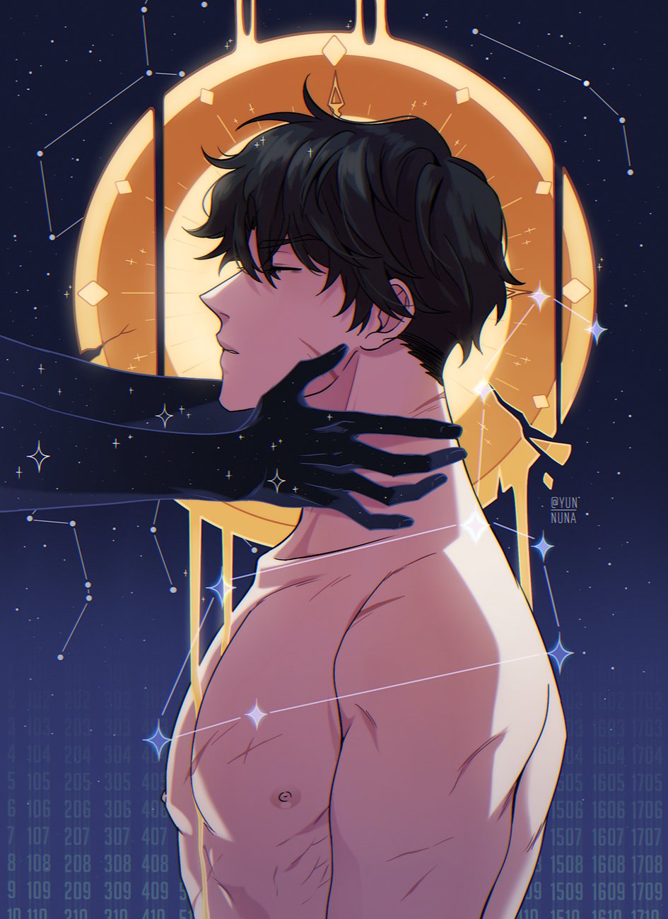 ginsan, yoo joonghyuk, omniscient reader's viewpoint, highres, 1boy, 1other, black hair, black skin, closed eyes, colored skin, compass, constellation, from side, hand on another's neck, multiple scars, muscular, muscular female, nipples, no shirt, numbered, out of frame, pectorals, scar, scar on face, short hair, starry sky print, sun behind head, upper body