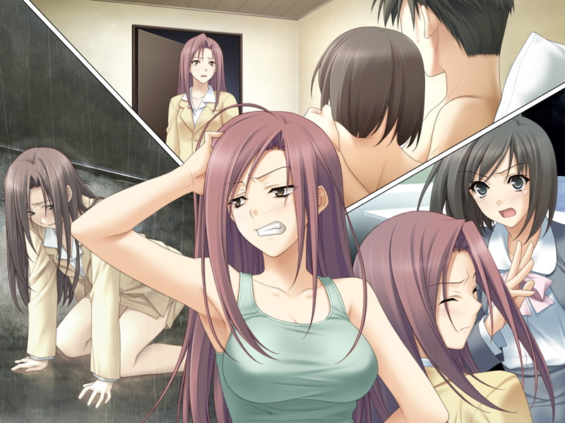 suzuhira hiro, ifukube yahiro, yosuga no sora, hand on head, game cg, 1boy, 2girls, :o, ahoge, all fours, angry, annoyed, arm up, armpits, black hair, blush, breasts, business suit, cheating (relationship), clenched teeth, closed eyes, formal clothes, grey hair, hug, large breasts, long hair, miniskirt, montage, multiple girls, netorare, nude, office lady, on ground, open mouth, outdoors, pink hair, rain, ribbon, sad, school uniform, short hair, skirt, slapping, suit, surprised, sweatdrop, tank top, tears, teeth, very long hair, walk-in