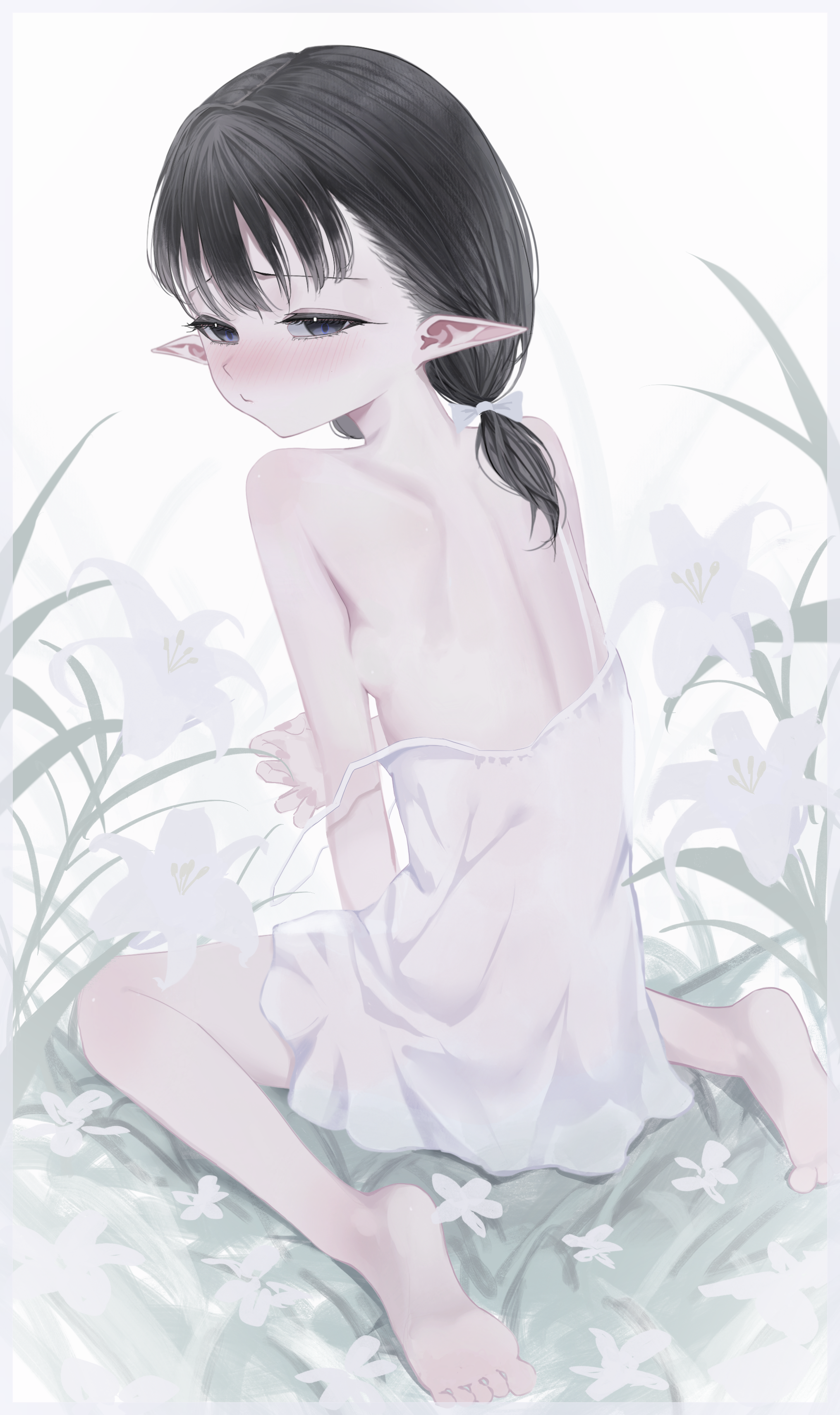 oekaki siro, original, absurdres, highres, 1girl, back, bare back, barefoot, black eyes, black hair, blush, clothes down, dress, elf, expressionless, flat chest, flower, looking at viewer, looking back, low twintails, medium hair, pointy ears, sitting, solo, twintails, wariza, white dress
