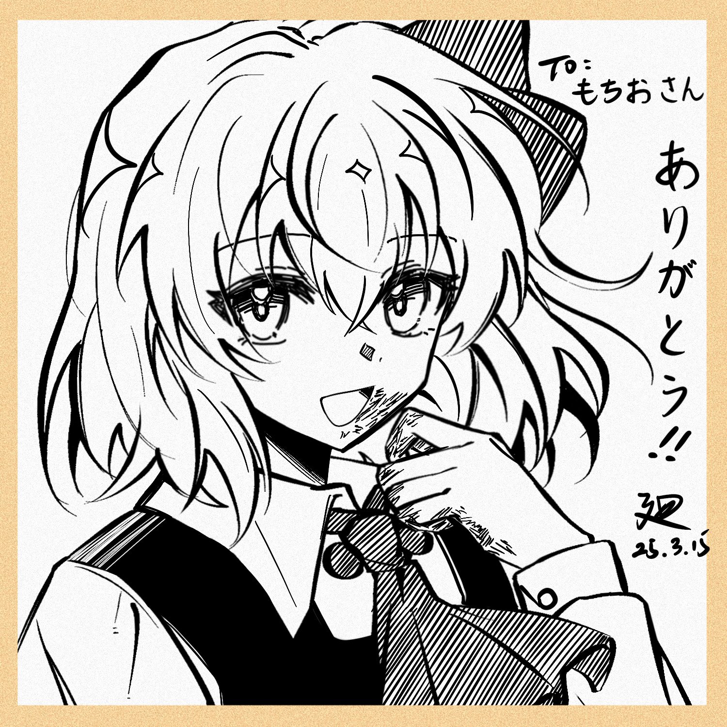 mi pomeranian, rumia, touhou, commentary, english commentary, highres, traditional media, 1girl, ascot, border, collared shirt, dated, hair ribbon, long sleeves, looking at viewer, medium hair, open mouth, ribbon, shikishi, shirt, signature, smile, solo, vest