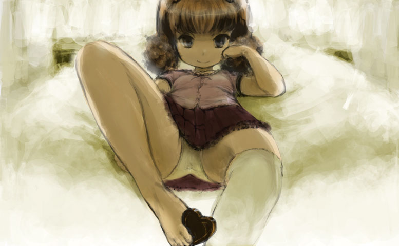 bikkuri doubutsu, original, 1girl, barefoot, blue eyes, brown hair, chocolate, dress, feet, female focus, heart, loli, lying, panties, short hair, skirt, smile, solo, underwear, upskirt, valentine