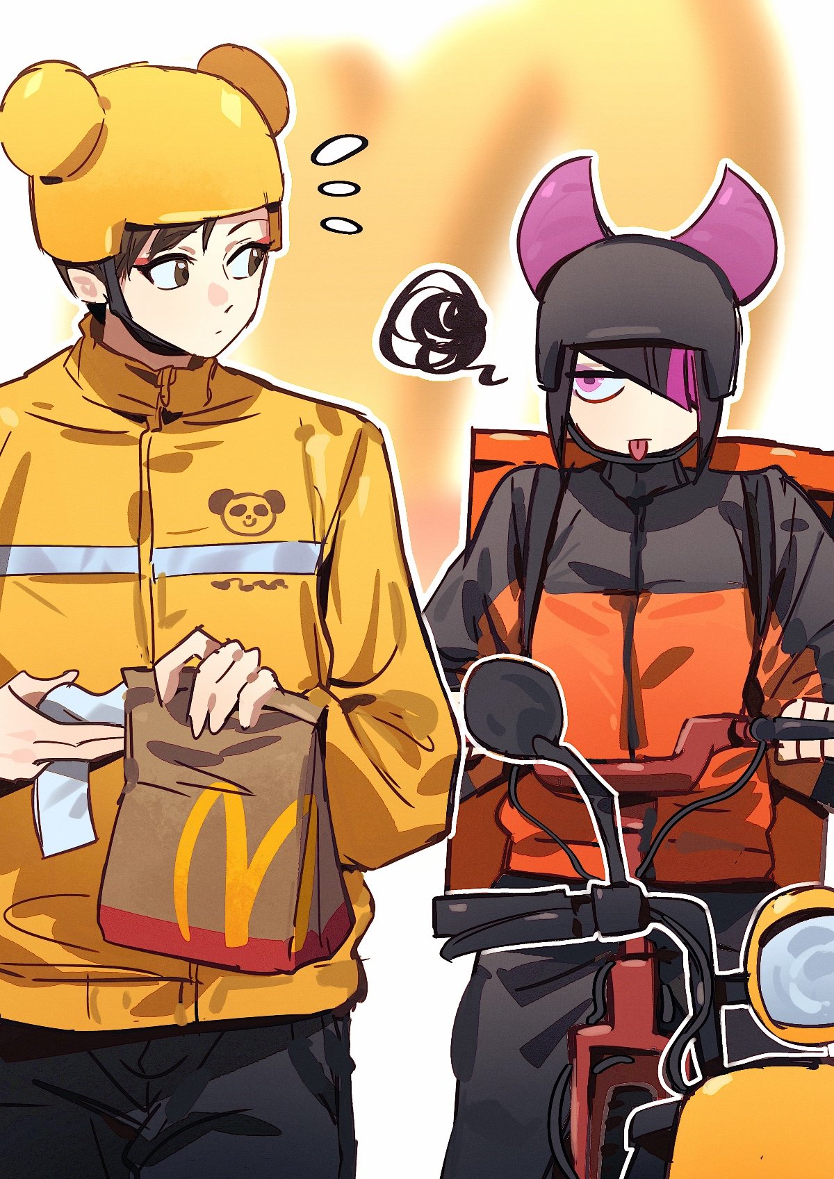 yumi xsh, chun-li, han juri, capcom, mcdonald's, street fighter, street fighter 6, highres, 2girls, asymmetrical bangs, bicycle, curious, flying sweatdrops, hair over one eye, helmet, jacket, looking at another, multicolored hair, multiple girls, purple streaks, spoken squiggle, squiggle, streaked hair, tongue, tongue out