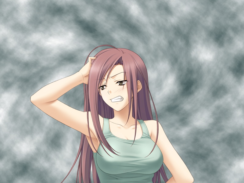 suzuhira hiro, ifukube yahiro, yosuga no sora, game cg, 1girl, armpits, arms up, breasts, female focus, large breasts, long hair, solo, tank top