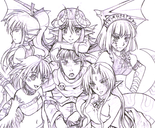 kenkou cross, echidna (monster girl encyclopedia), harpy (monster girl encyclopedia), homunculus (monster girl encyclopedia), lizardman (monster girl encyclopedia), succubus (monster girl encyclopedia), monster girl encyclopedia, reptile, lowres, 1boy, 5girls, annoyed, armor, bandages, bare shoulders, bridal gauntlets, collar, demon, demon girl, feathers, fins, happy, harem, harpy, head fins, head rest, horns, lizard, long hair, looking at viewer, looking back, maid headdress, midriff, monochrome, monster girl, multiple girls, pointy ears, pout, profile, puffy sleeves, reptile girl, short hair, short sleeves, skull, smile, snake, stitches, strapless, sword, tube top, weapon, wings