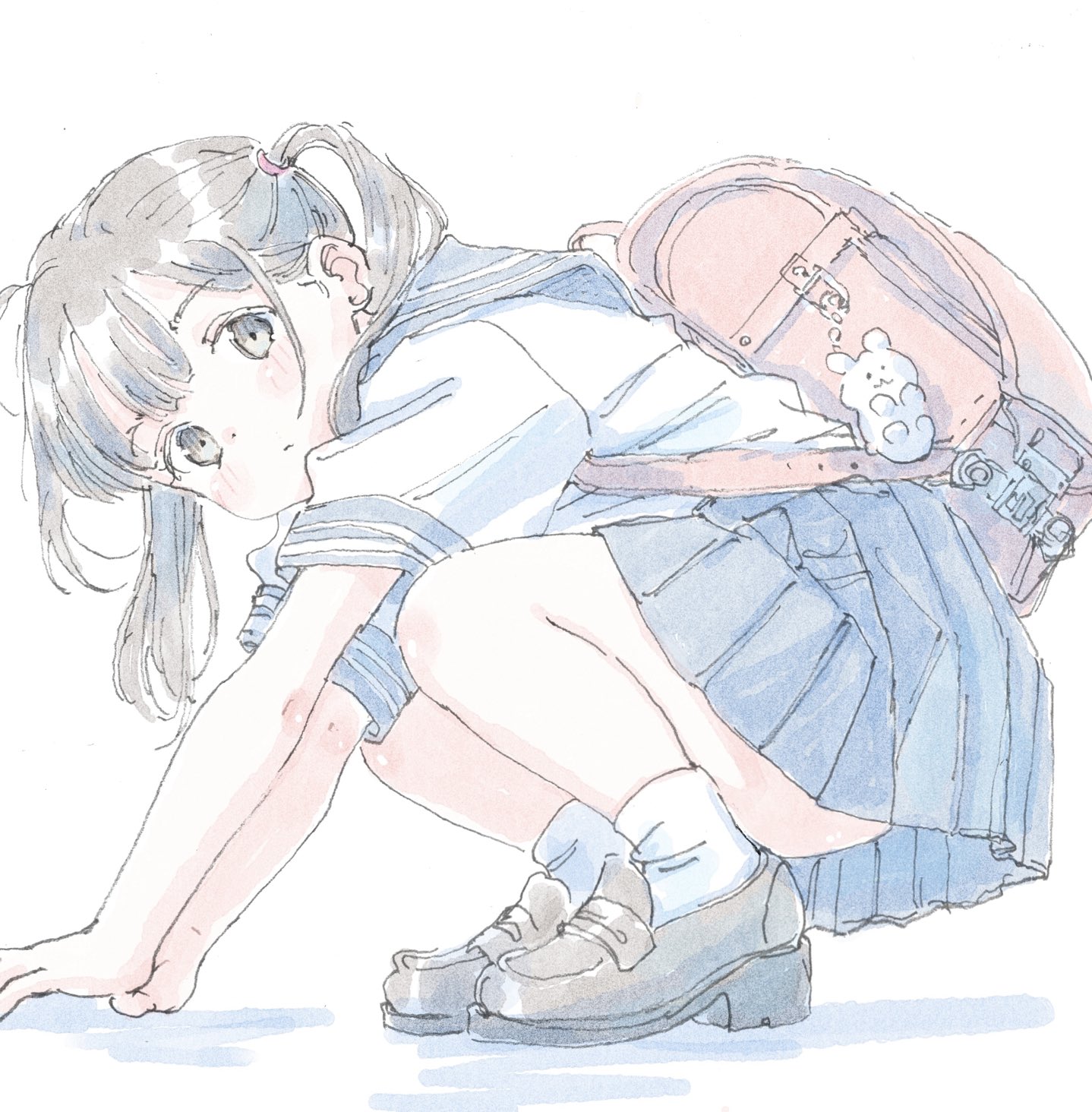 poranka (porankaran), original, highres, 1girl, all fours, ankle socks, backpack, bag, bag charm, blue sailor collar, blue skirt, blunt bangs, blush, brown eyes, brown hair, brown shoes, charm (object), dot nose, double-parted bangs, expressionless, from side, full body, loafers, looking at viewer, pleated skirt, randoseru, sailor collar, school bag, school uniform, serafuku, shoes, simple background, single sidelock, skirt, socks, squatting, thighs, twintails, white background, white socks