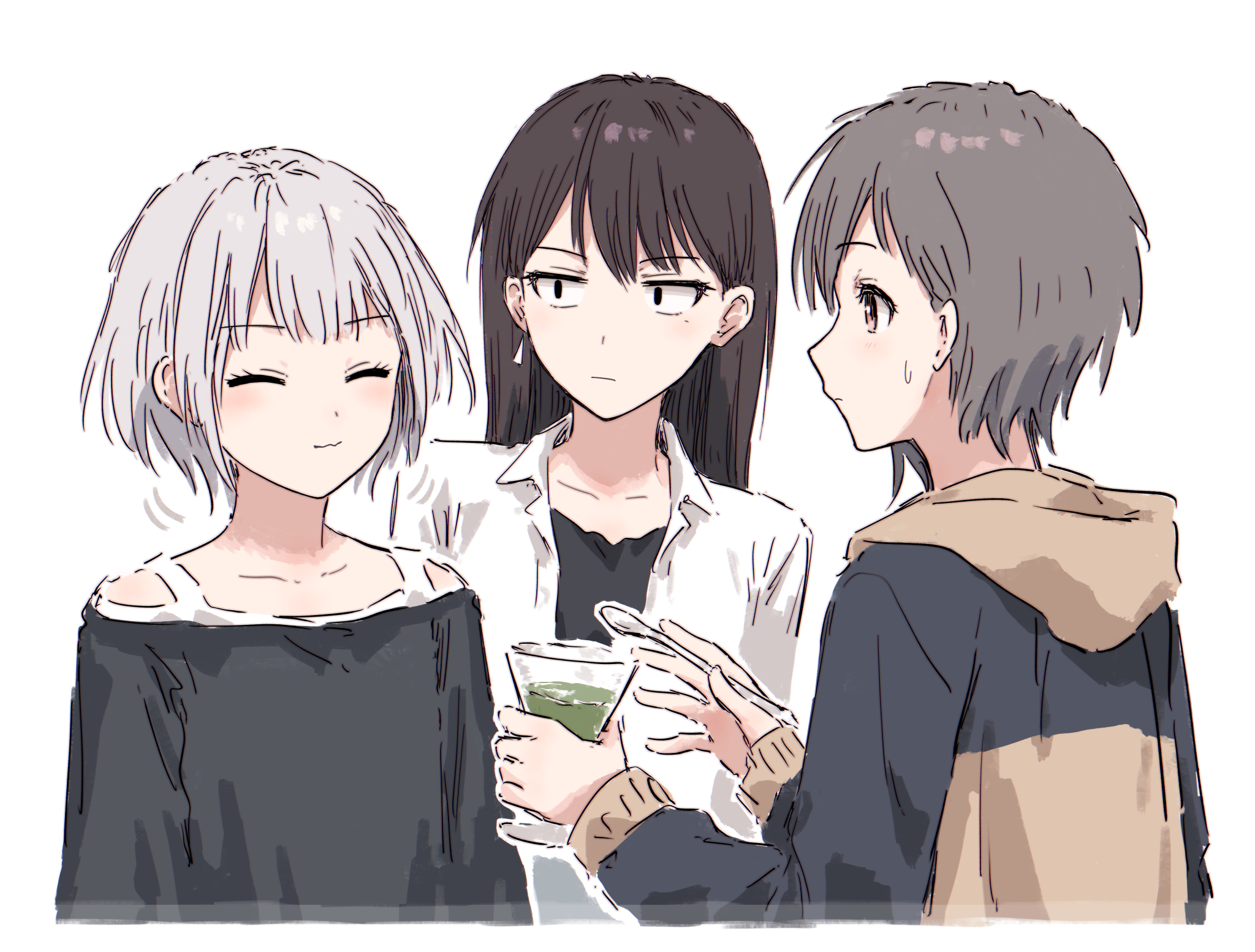 yukitake (xuserpost), kaname raana, shiina taki, takamatsu tomori, bang dream!, bang dream! it's mygo!!!!!, commentary, highres, symbol-only commentary, 3girls, :3, black hair, black shirt, brown eyes, closed eyes, earrings, eating, grey hair, holding, holding spoon, hood, hood down, hoodie, jacket, jewelry, long hair, long sleeves, matcha parfait, mole, mole under eye, multiple girls, shirt, short hair, simple background, single earring, spoon, white background, white hair, white jacket