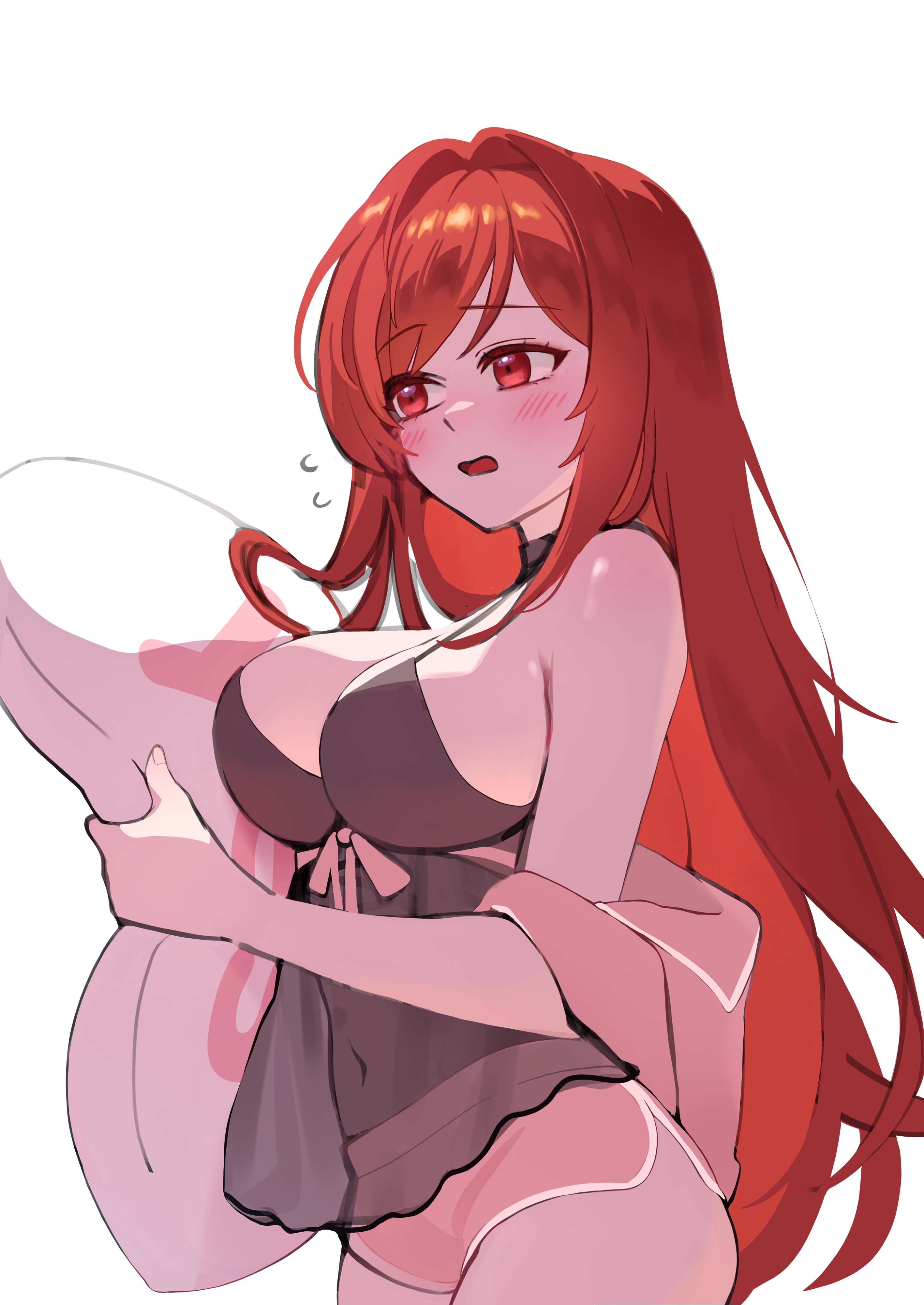 uz (uzru0428), rapi (nikke), rapi (red hood) (cherished red) (nikke), rapi (red hood) (nikke), goddess of victory: nikke, absurdres, highres, 1girl, black choker, black nightgown, choker, dolphin shorts, hair down, holding, holding pillow, nightgown, official alternate costume, official alternate design, official alternate hair color, pajamas, pillow, pink pajamas, pink shorts, red hair, shorts, sleepwear, solo, yes-no pillow