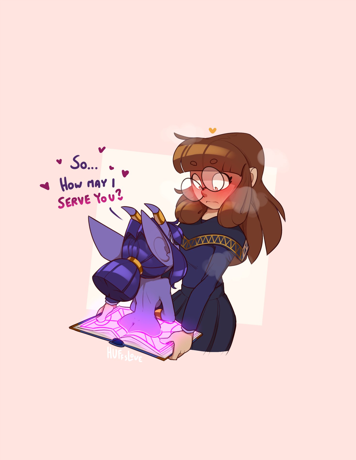 huffslove, original, highres, 2girls, amy (huffslove), ass, blue capelet, blue hair, blue shirt, blue skirt, blush, book, brown hair, capelet, colored skin, demon girl, diana (huffslove), english text, glasses, horns, multiple girls, pointy ears, purple skin, shirt, skin-covered horns, skirt