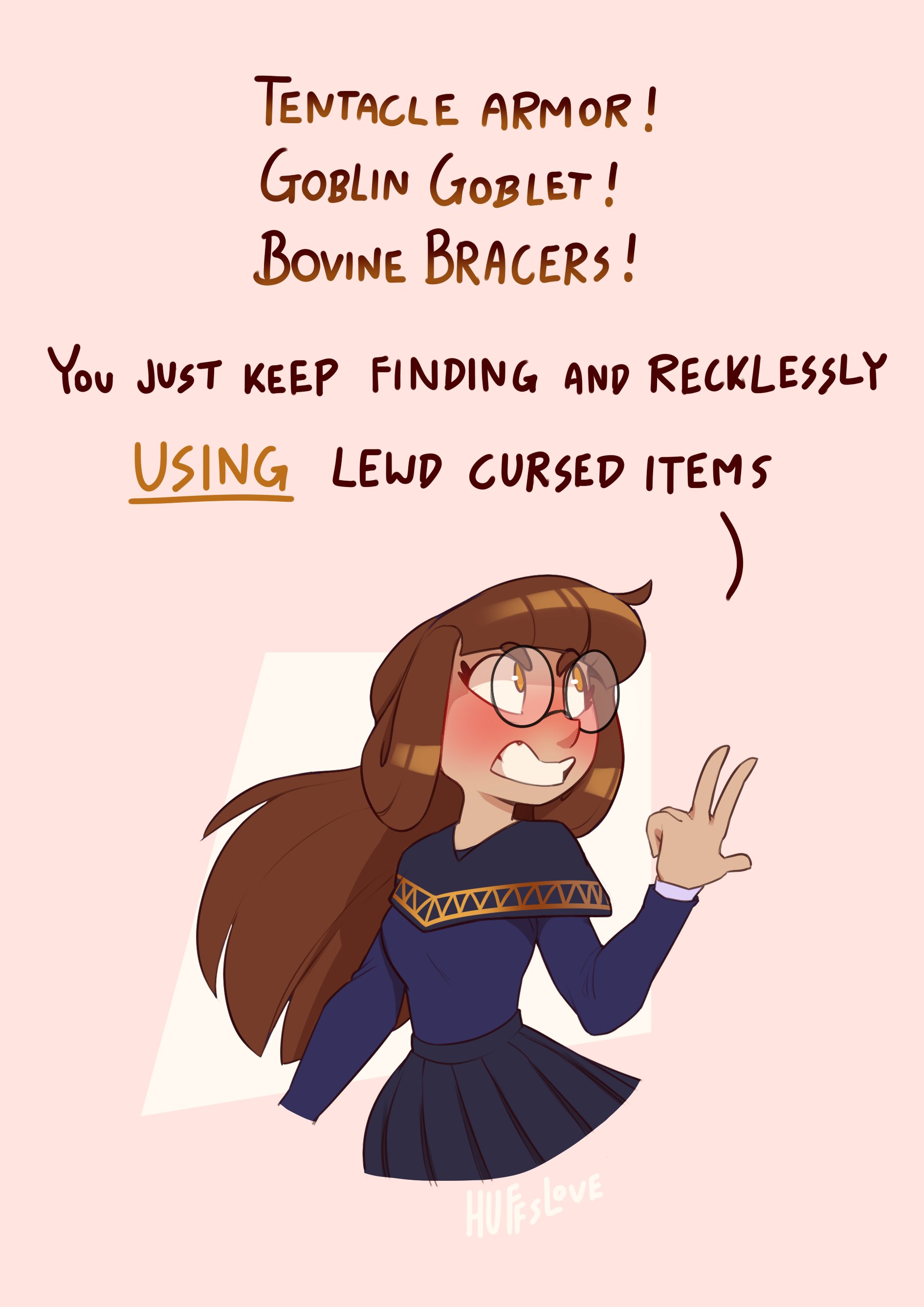 huffslove, original, absurdres, commentary, english commentary, highres, 1girl, amy (huffslove), blue capelet, blue shirt, blue skirt, blush, book, brown hair, capelet, english text, glasses, long hair, shirt, skirt