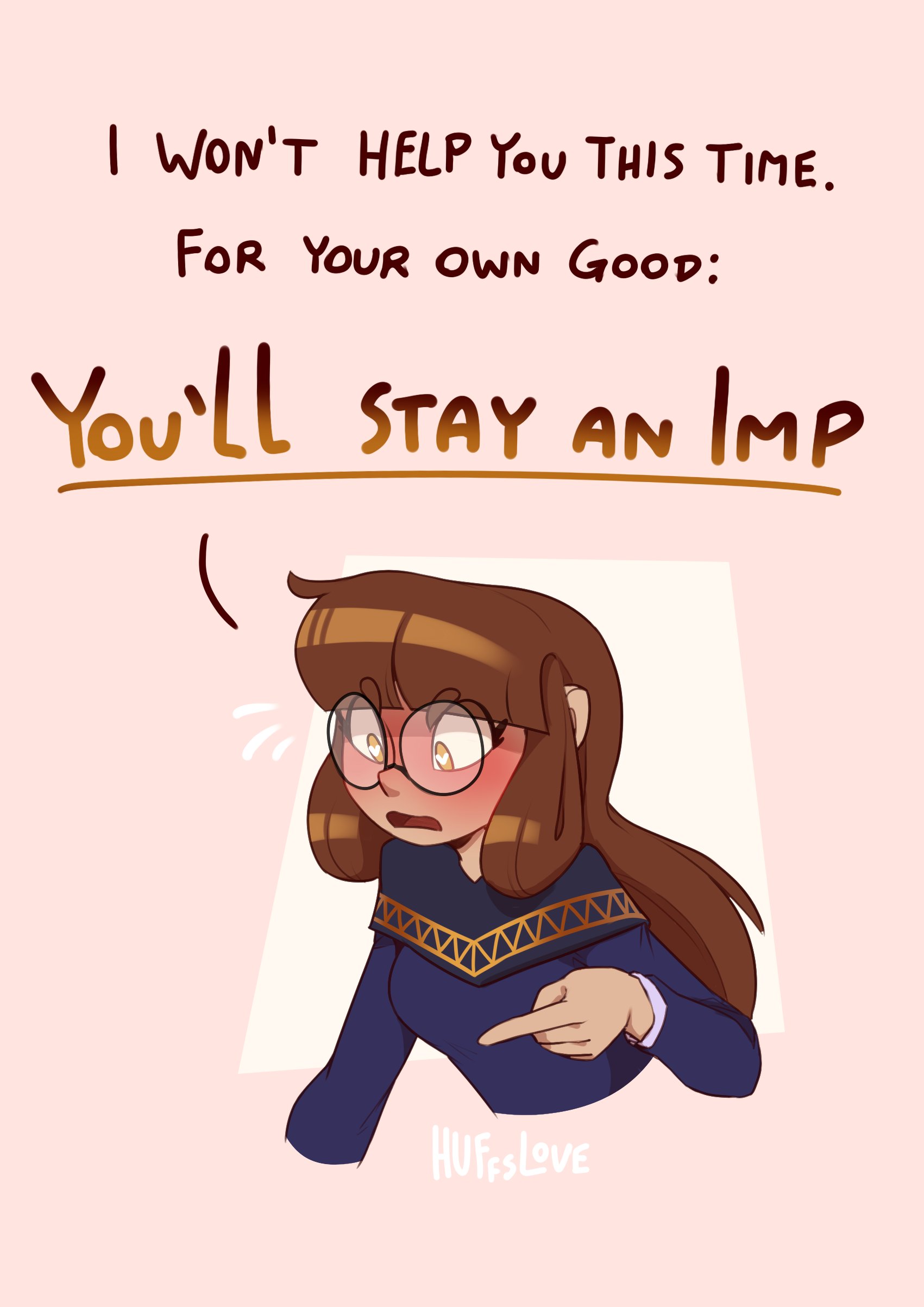 huffslove, original, absurdres, commentary, english commentary, highres, 1girl, amy (huffslove), blue capelet, blue shirt, blue skirt, blush, book, brown hair, capelet, english text, glasses, heart, heart-shaped pupils, long hair, mixed signals, shirt, skirt, symbol-shaped pupils