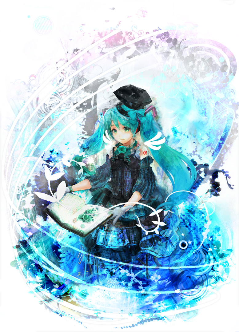 pokkii, hatsune miku, vocaloid, bad id, bad pixiv id, aqua hair, book, detached sleeves, dress, gloves, green eyes, hat, solo