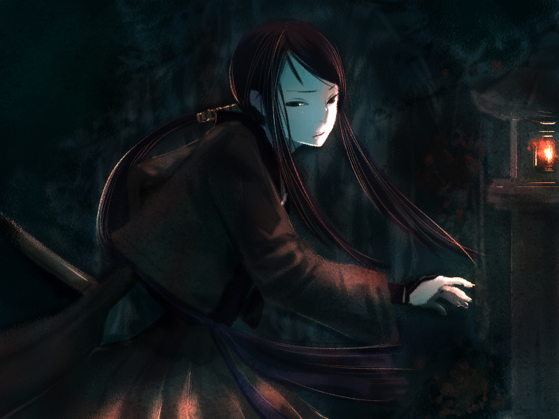 ishito yuura, p-po, takane hibiki, bakumatsu rouman, bakumatsu rouman dainimaku, snk, 1girl, black eyes, black hair, dark, female focus, japanese clothes, kimono, long hair, ponytail, solo, sword, weapon