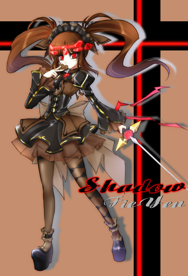 eblmeka, evil (artist), fei-yen, virtual on, bad id, bad pixiv id, chocolate, dress, hairband, heart, long hair, pantyhose, personification, red eyes, red hair, ribbon, solo, sword, thighhighs, twintails, valentine, weapon