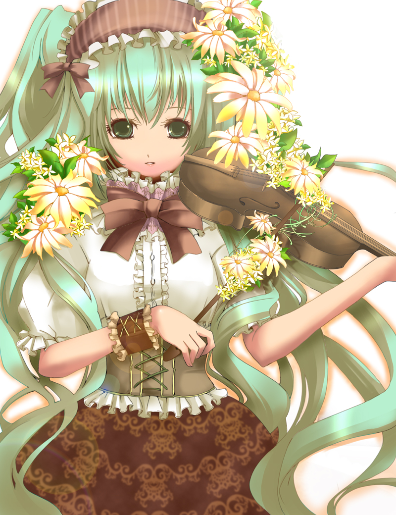 kira bara, yuuki kira, hatsune miku, vocaloid, bad id, bad pixiv id, bow, bowtie, flower, formal clothes, frills, green eyes, green hair, instrument, long hair, solo, twintails, very long hair, violin