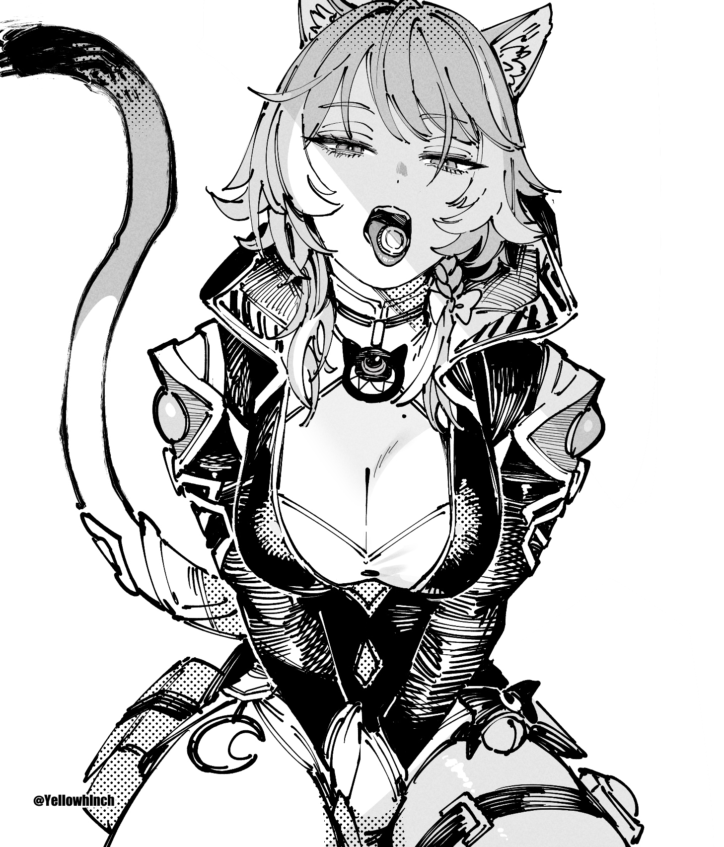 otimusyairoha, cipher (honkai: star rail), honkai: star rail, honkai (series), commentary, highres, 1girl, animal ear fluff, animal ears, ben-day dots, between legs, braid, breasts, cat ears, cat girl, cat tail, cleavage, coin, dated commentary, greyscale, hand between legs, hatching (texture), hood, hood down, linear hatching, looking at viewer, medium breasts, mole, mole on chest, monochrome, object on tongue, screentones, simple background, solo, tail, twitter username, white background