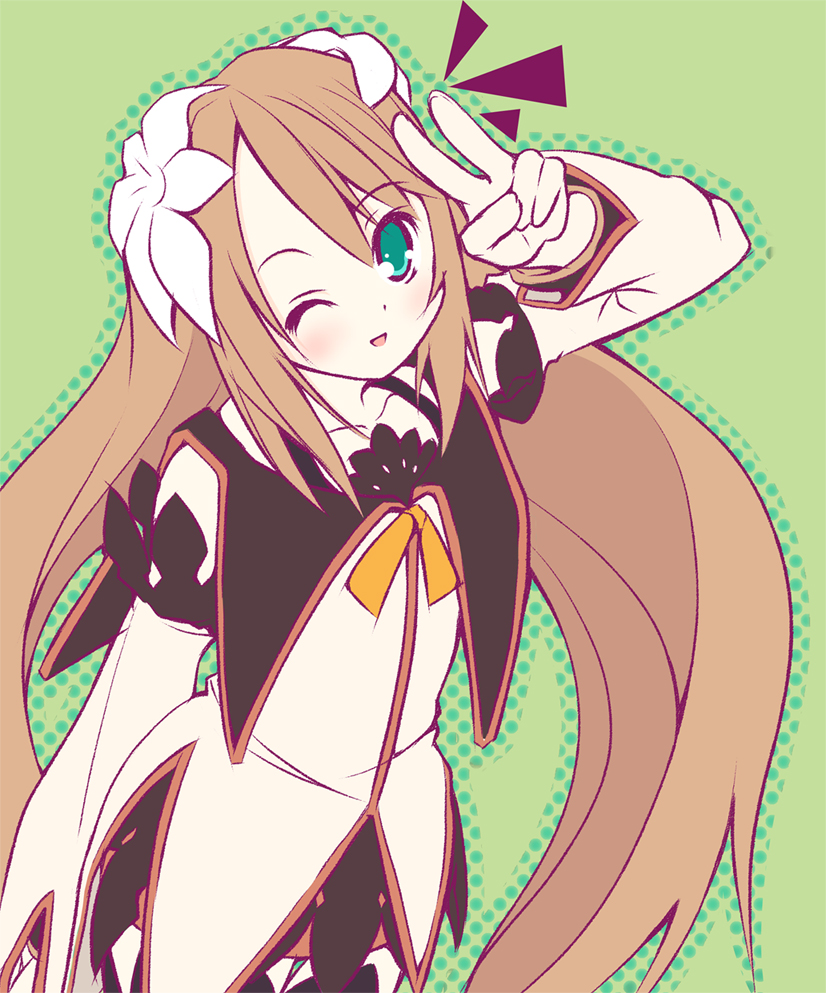 haru (arser doil), marta lualdi, tales of (series), tales of symphonia, tales of symphonia: dawn of the new world, 00s, 1girl, blush, brown hair, detached sleeves, female focus, flower, gloves, green eyes, hair flower, hair ornament, long hair, one eye closed, solo, thighhighs, v, very long hair, victory pose, wink