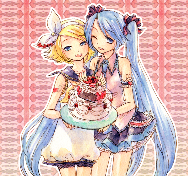 a-gatha, hatsune miku, kagamine rin, vocaloid, bad id, bad pixiv id, 2girls, cake, food, fruit, long hair, multiple girls, one eye closed, pastry, strawberry, twintails, very long hair, wink