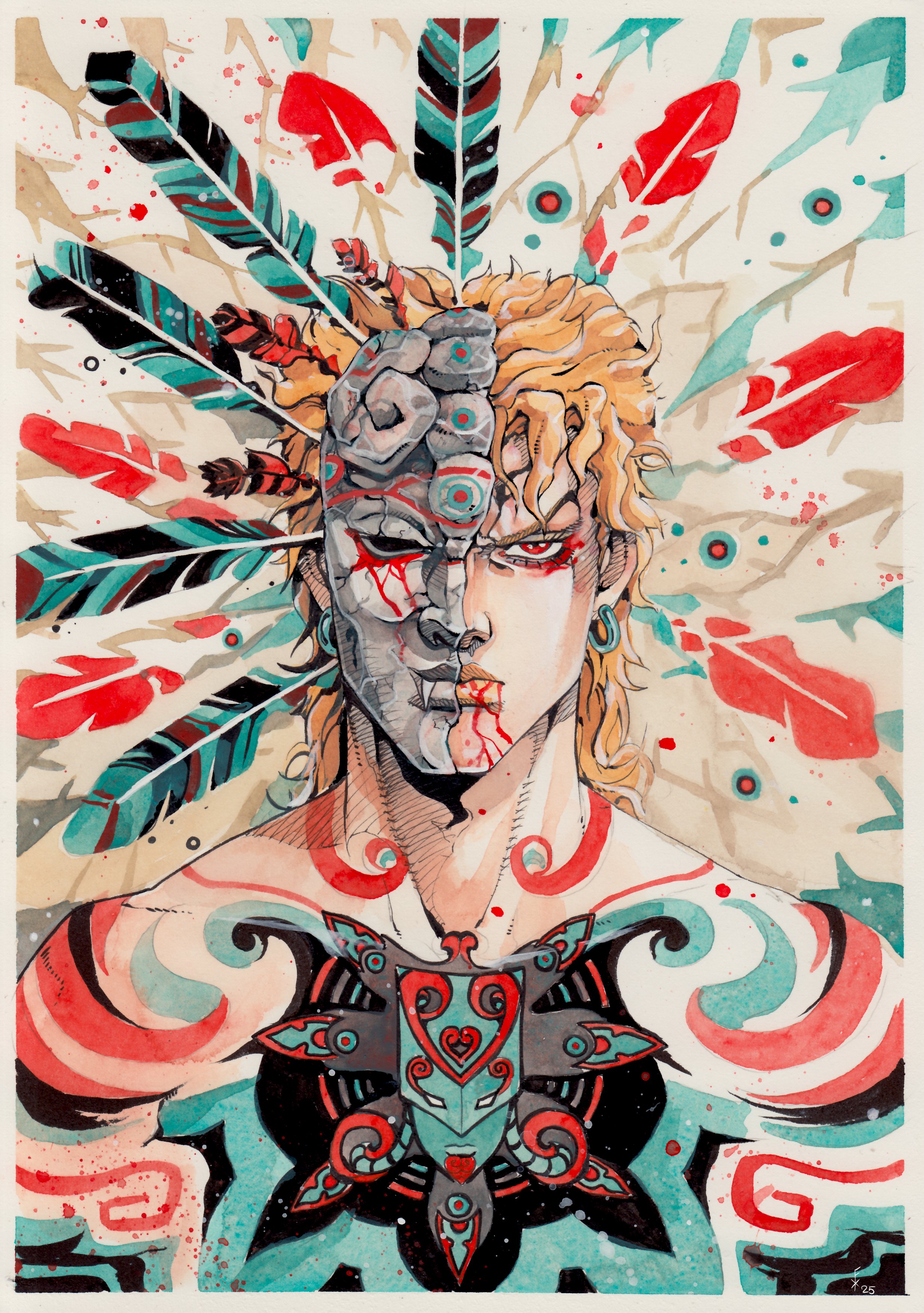 xfkart, dio brando, the world, jojo no kimyou na bouken, stardust crusaders, absurdres, commentary, english commentary, highres, painting (medium), traditional media, watercolor (medium), 1boy, araki hirohiko (style), aztec (style), blonde hair, blood, blood from mouth, blood on face, blood on mask, bodypaint, earrings, eyeliner, fang, feathers, hatching (texture), jewelry, makeup, male focus, one eye closed, red eyeliner, red eyes, solo, stand (jojo), stone mask (jojo), tattoo