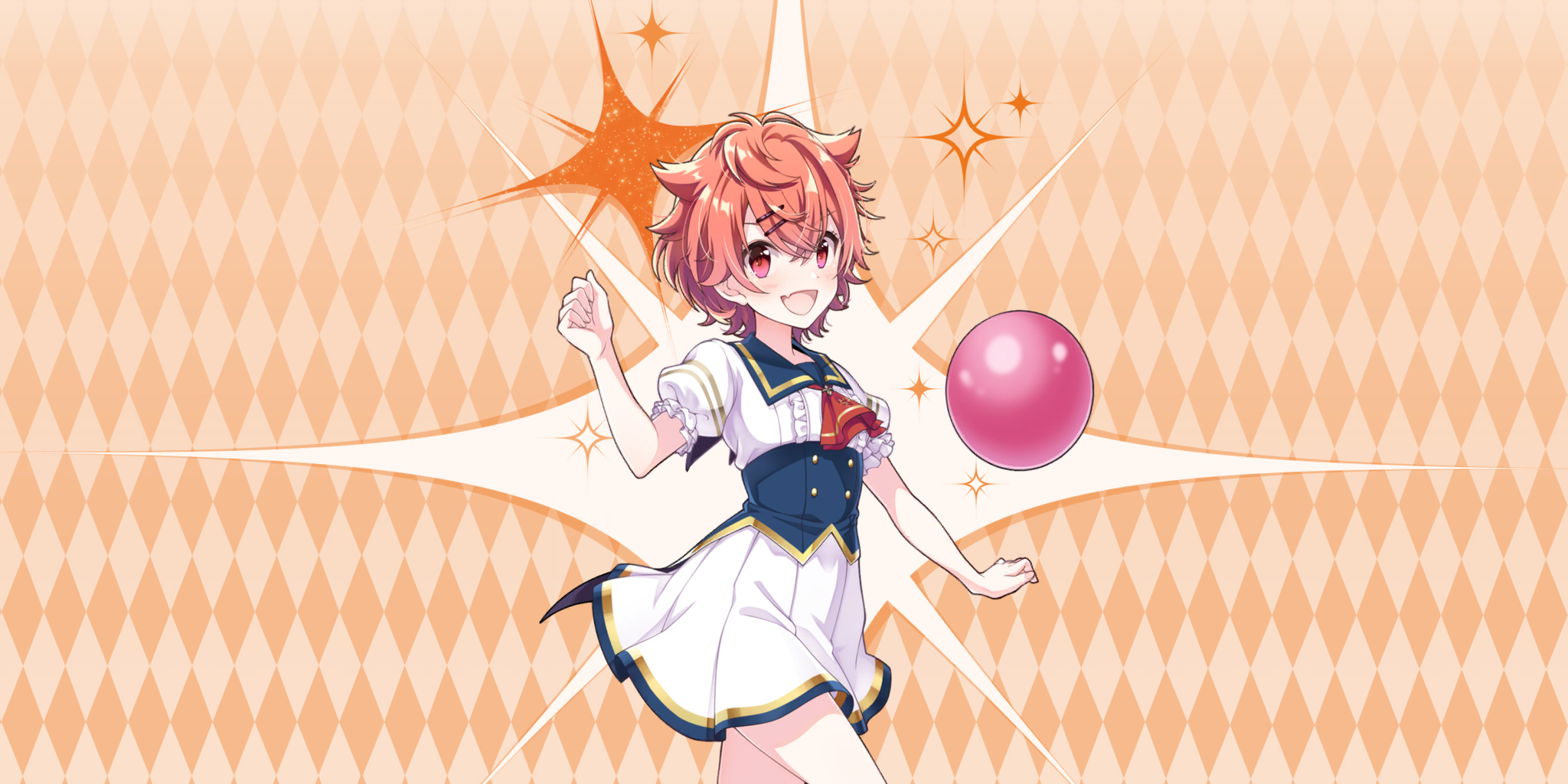 salsa (lapis re:lights), lapis re:lights, game cg, highres, official art, third-party source, 1girl, :d, argyle background, ball, blue corset, blue sailor collar, breasts, buttons, corset, cowboy shot, dot nose, double-breasted, double-parted bangs, dress, fang, hair flaps, hair ornament, hairclip, hand up, looking at viewer, messy hair, open mouth, orange background, orange hair, puffy short sleeves, puffy sleeves, red eyes, sailor collar, school uniform, short hair, short sleeves, skin fang, skirt, small breasts, smile, solo, sparkle background, white dress, white skirt